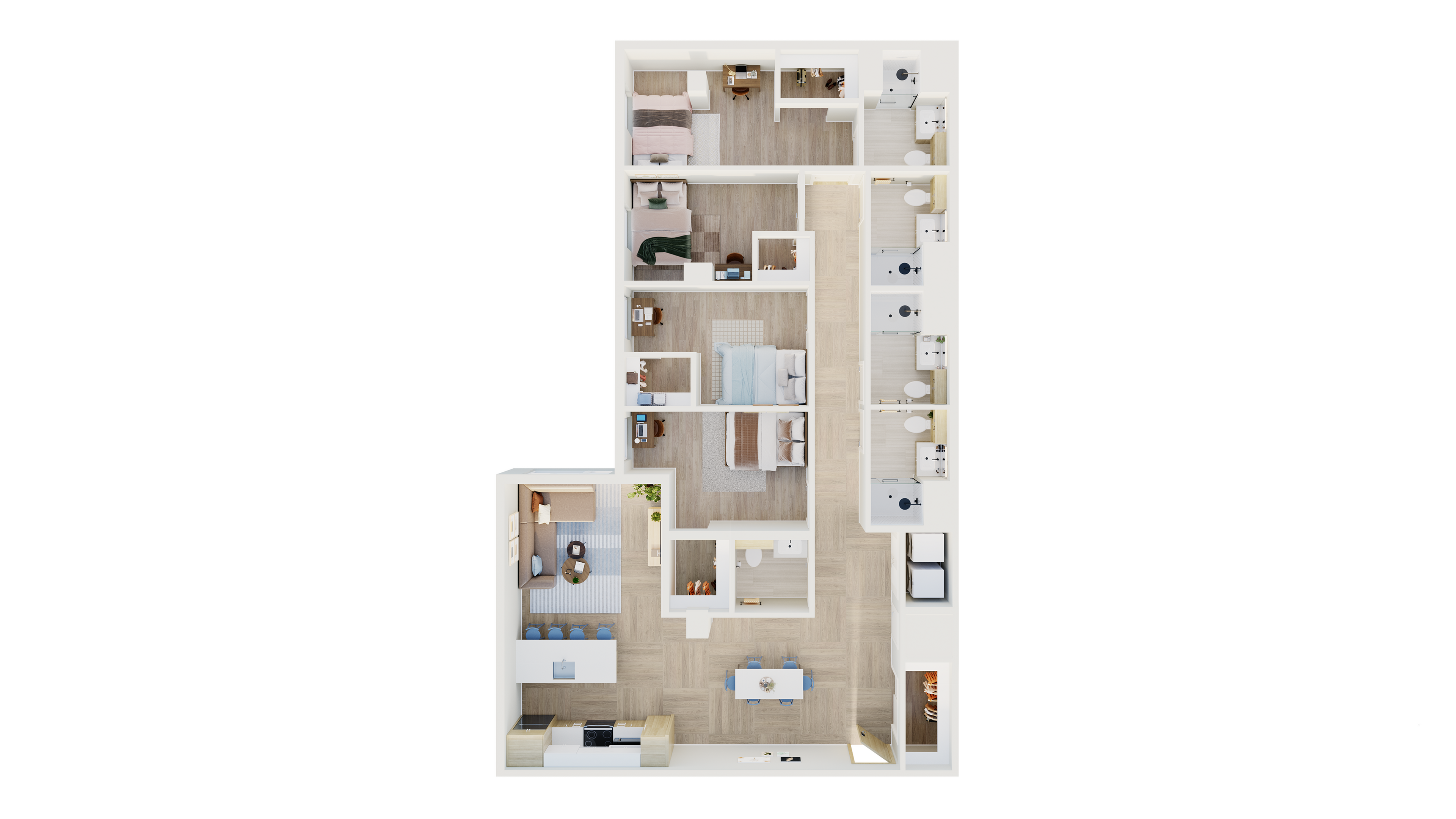 Modern floor plan showcasing a spacious 3-bedroom apartment with open-concept living, dining, and kitchen areas, plus multiple stylish bathrooms.