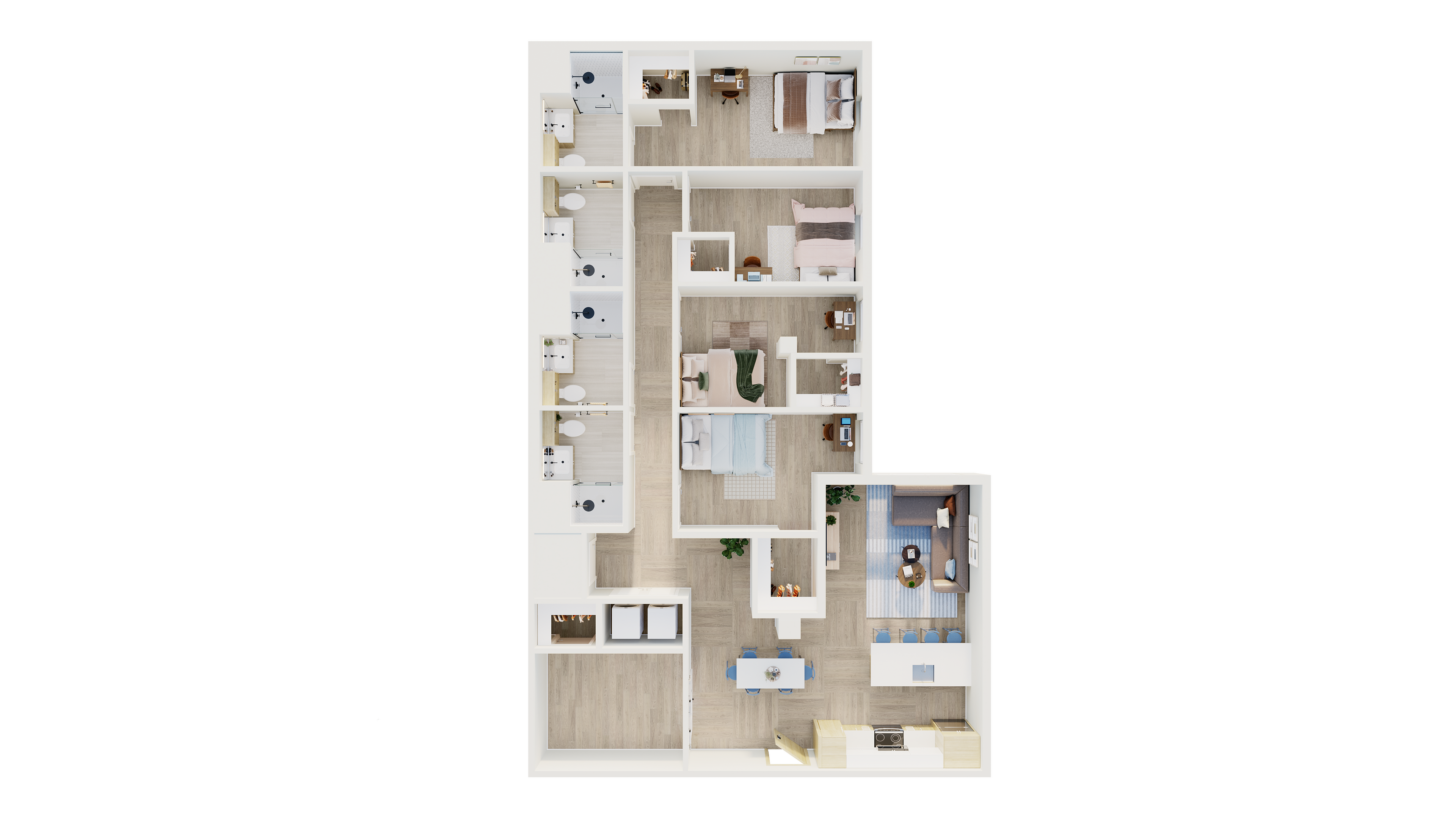 Inviting 3D floor plan showcasing 3 modern bedrooms, cozy living area, spacious kitchen with island, and elegant dining space.