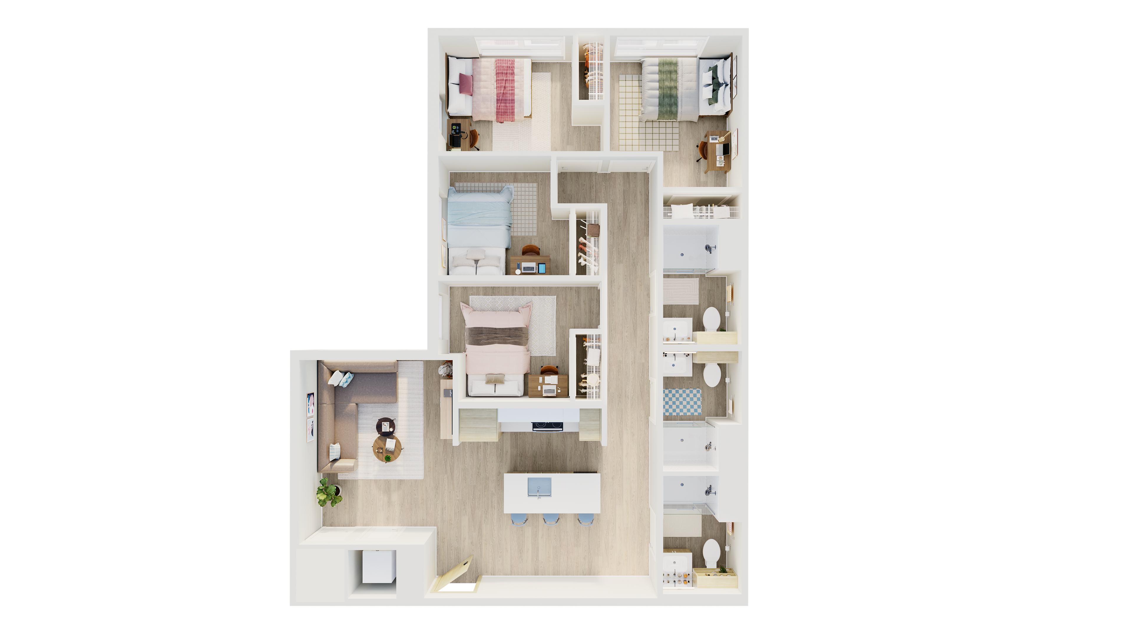 Elegant 3D floor plan showcasing three cozy bedrooms, an inviting open-plan living room, modern kitchen, and two chic bathrooms with ample storage.