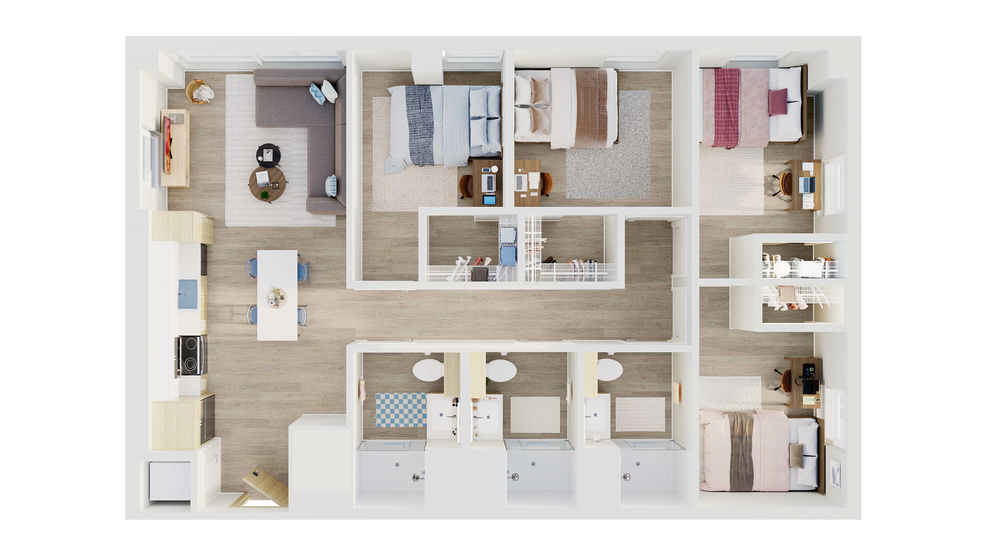 Modern 3D floor plan showcasing a spacious apartment with three bedrooms, two elegant bathrooms, an open-concept kitchen, and a cozy living area.