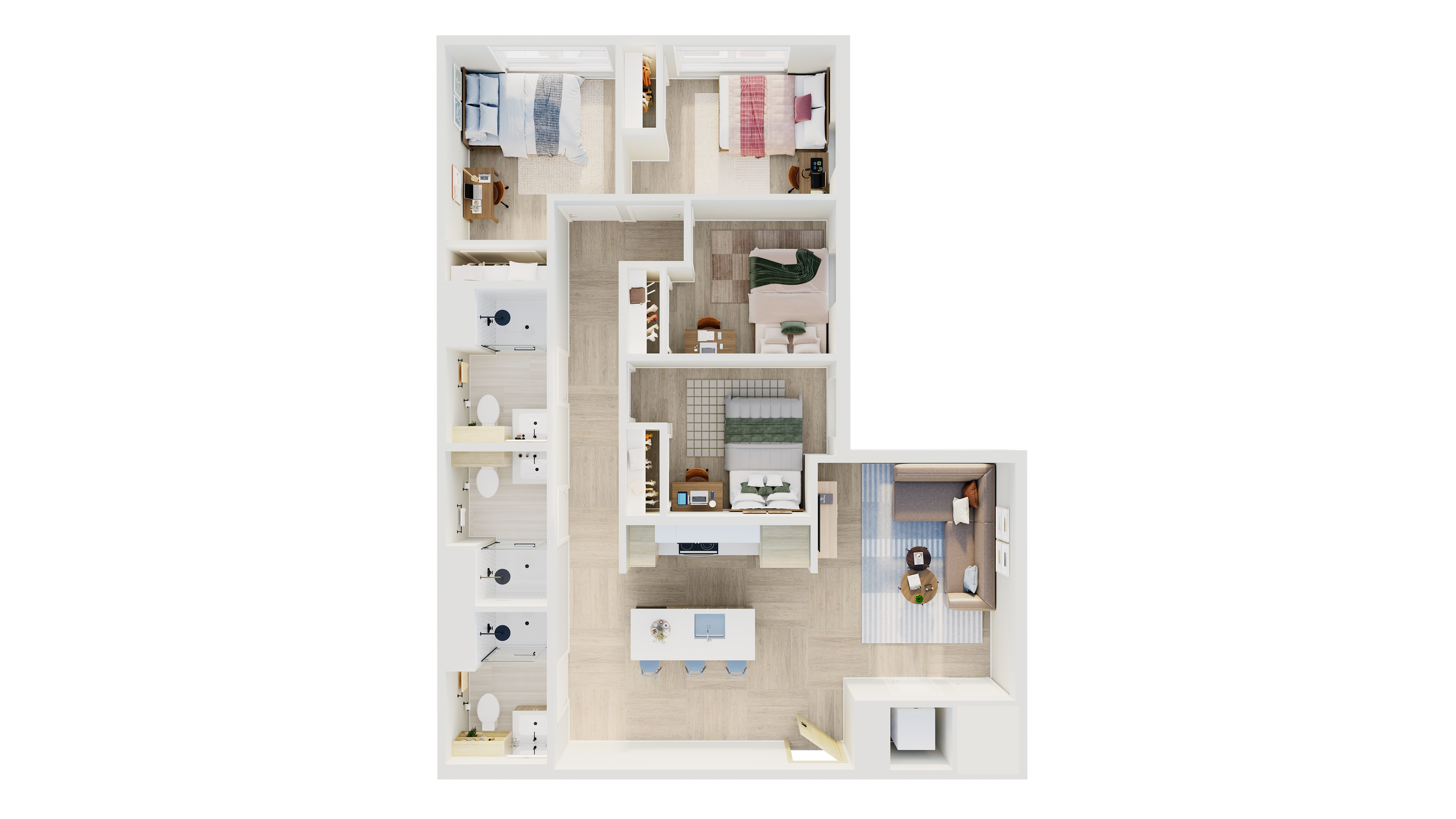 Modern floor plan showcasing 3 bedrooms, stylish living area, and inviting kitchen, designed for comfort and elegance.