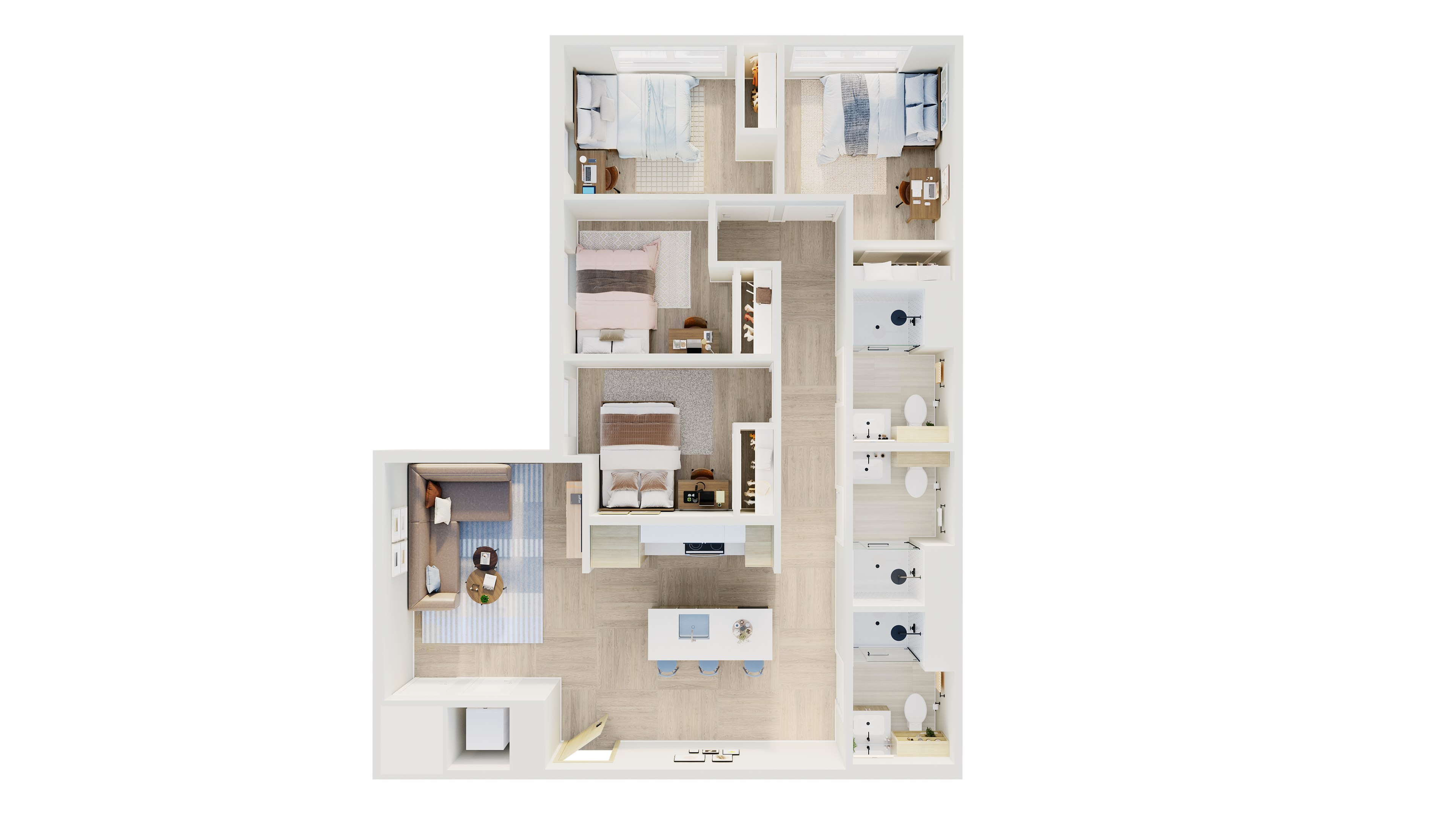 Contemporary 3-bedroom floor plan with dual bathrooms, open-concept living and dining area, and natural lighting throughout.