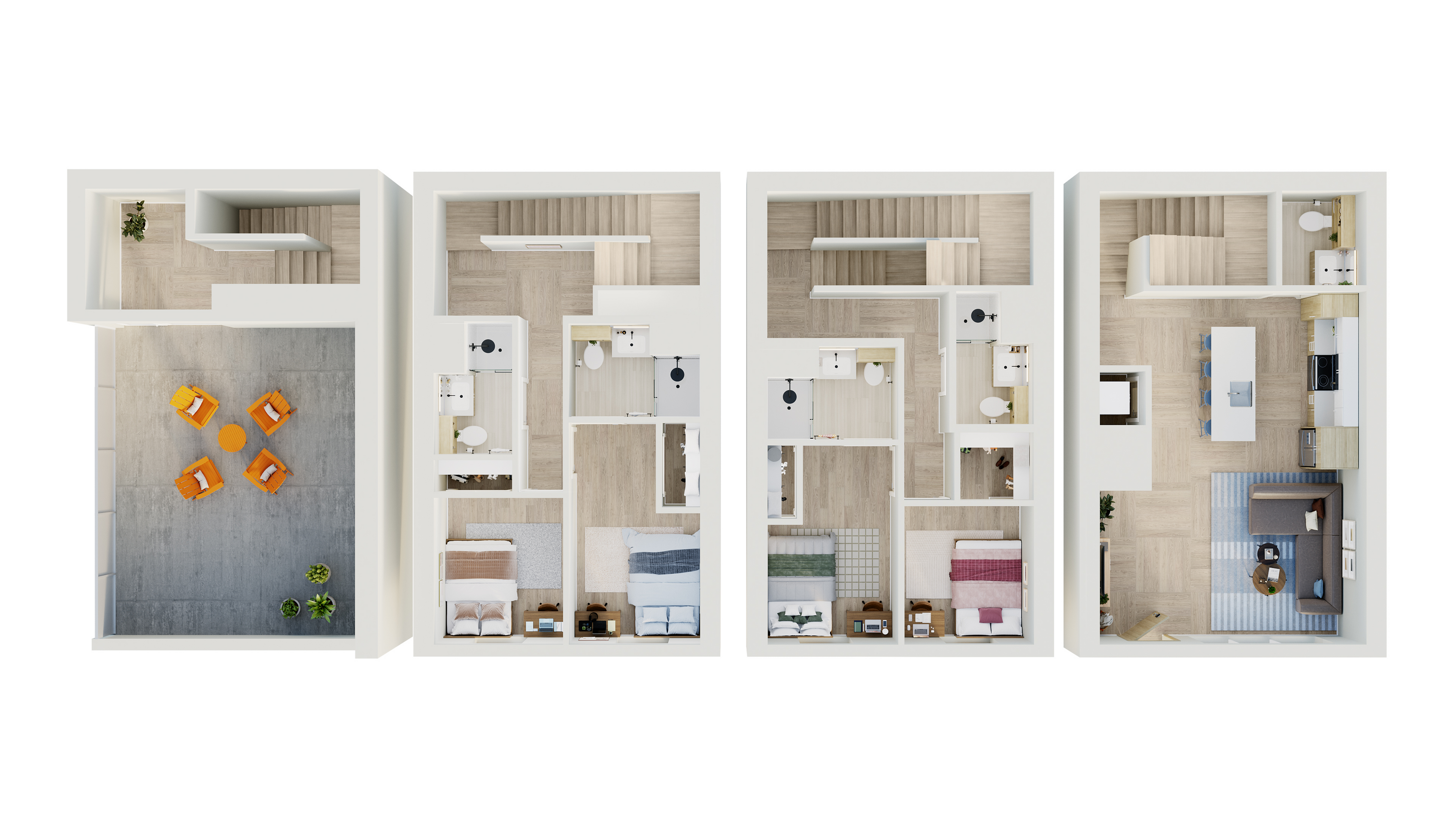Modern multi-level floor plan showcasing spacious rooftop terrace with seating, three stylish bedrooms, elegant bathrooms, and an open-concept living area with a sleek kitchen.