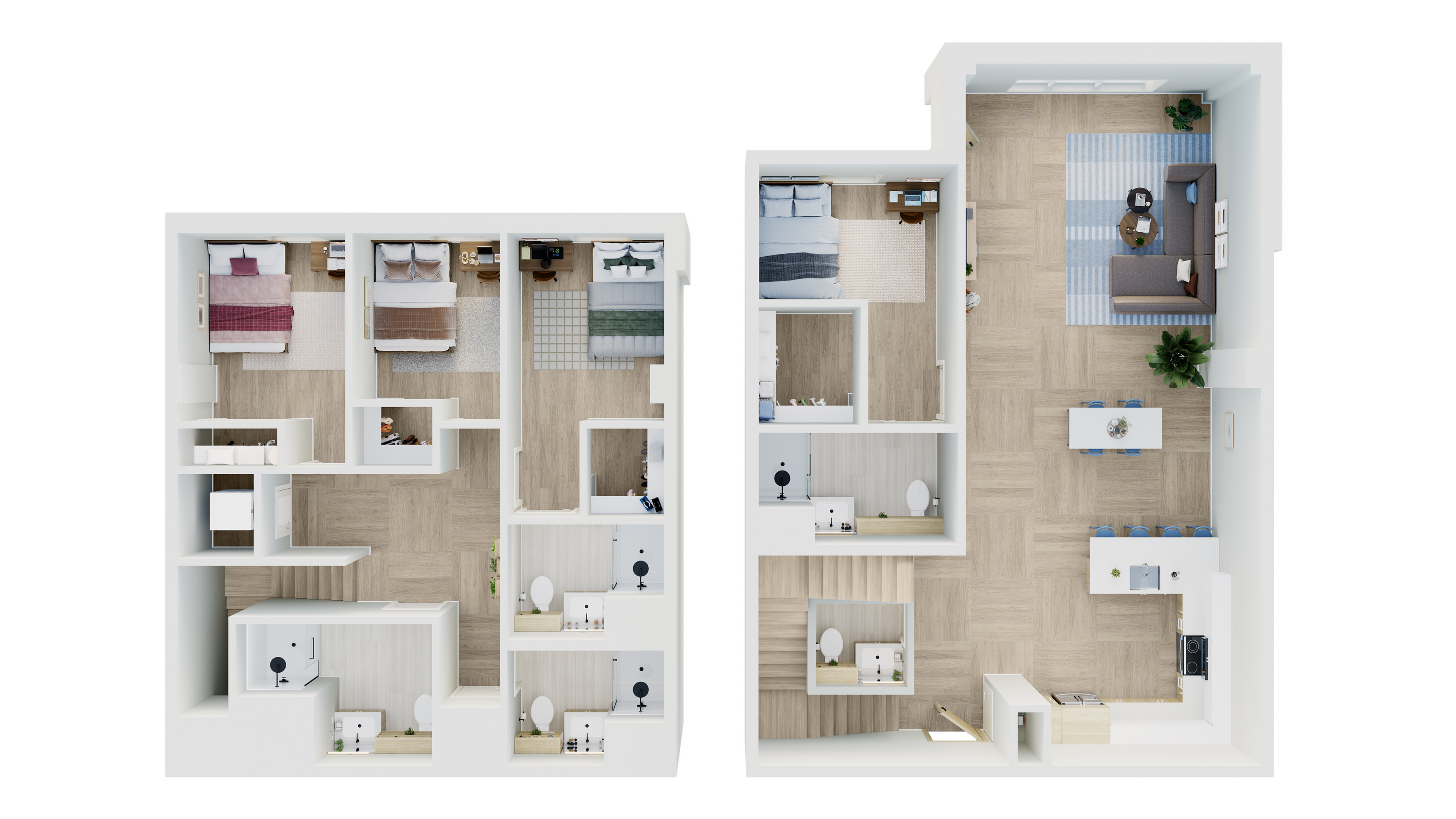 Modern 3D floor plan showcasing a sleek design with 3 bedrooms, a spacious living area, and an open kitchen layout.