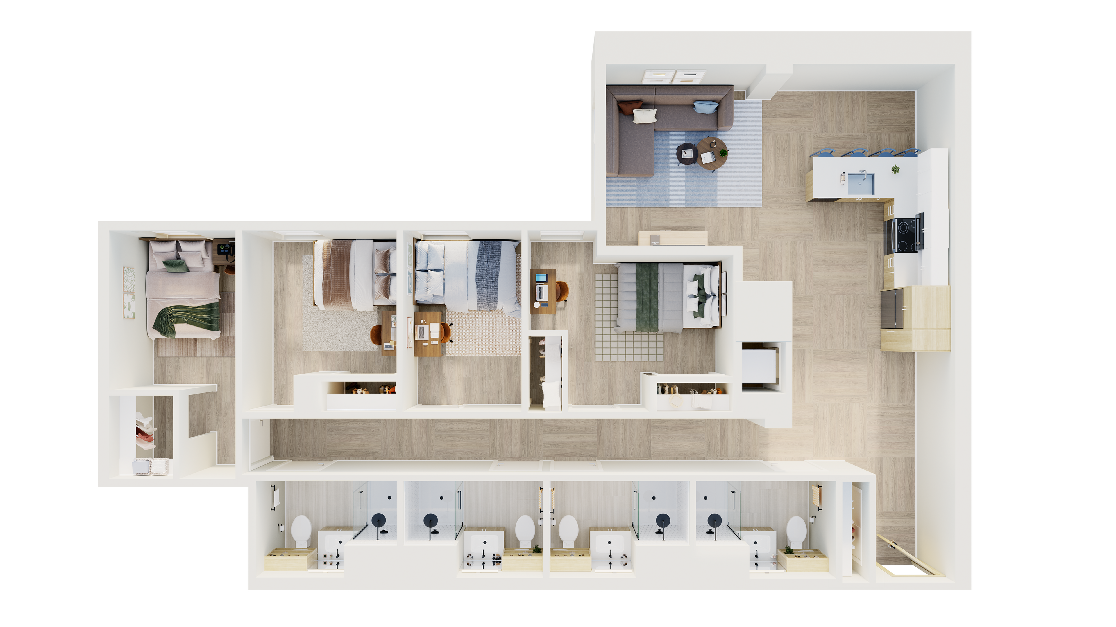 Modern 3-bedroom apartment floor plan featuring spacious open-concept living area, sleek kitchen with island, and two elegant bathrooms.