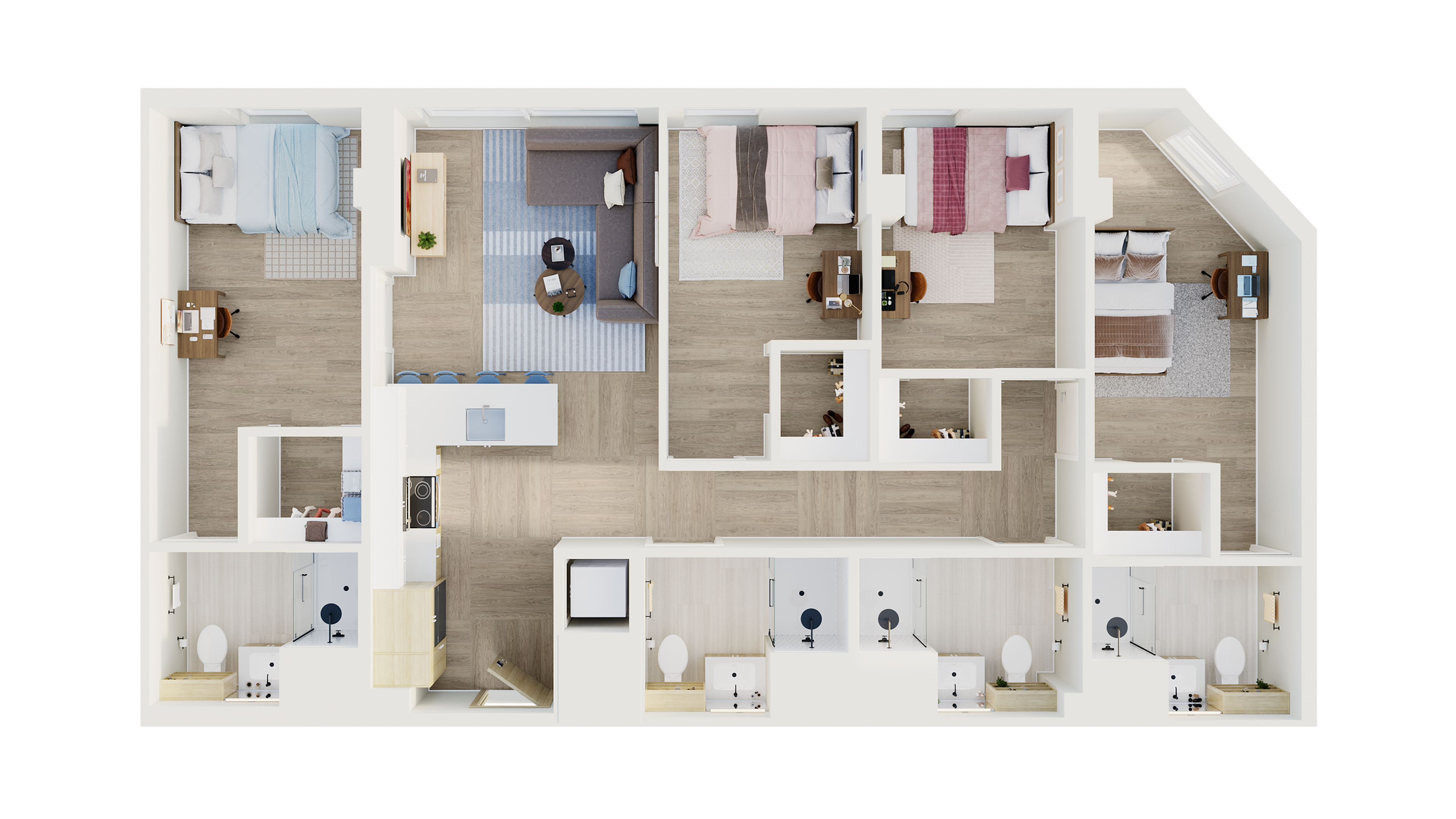 Modern 3-bedroom apartment floor plan with two bathrooms, a sleek open kitchen, and spacious living area featuring stylish decor.