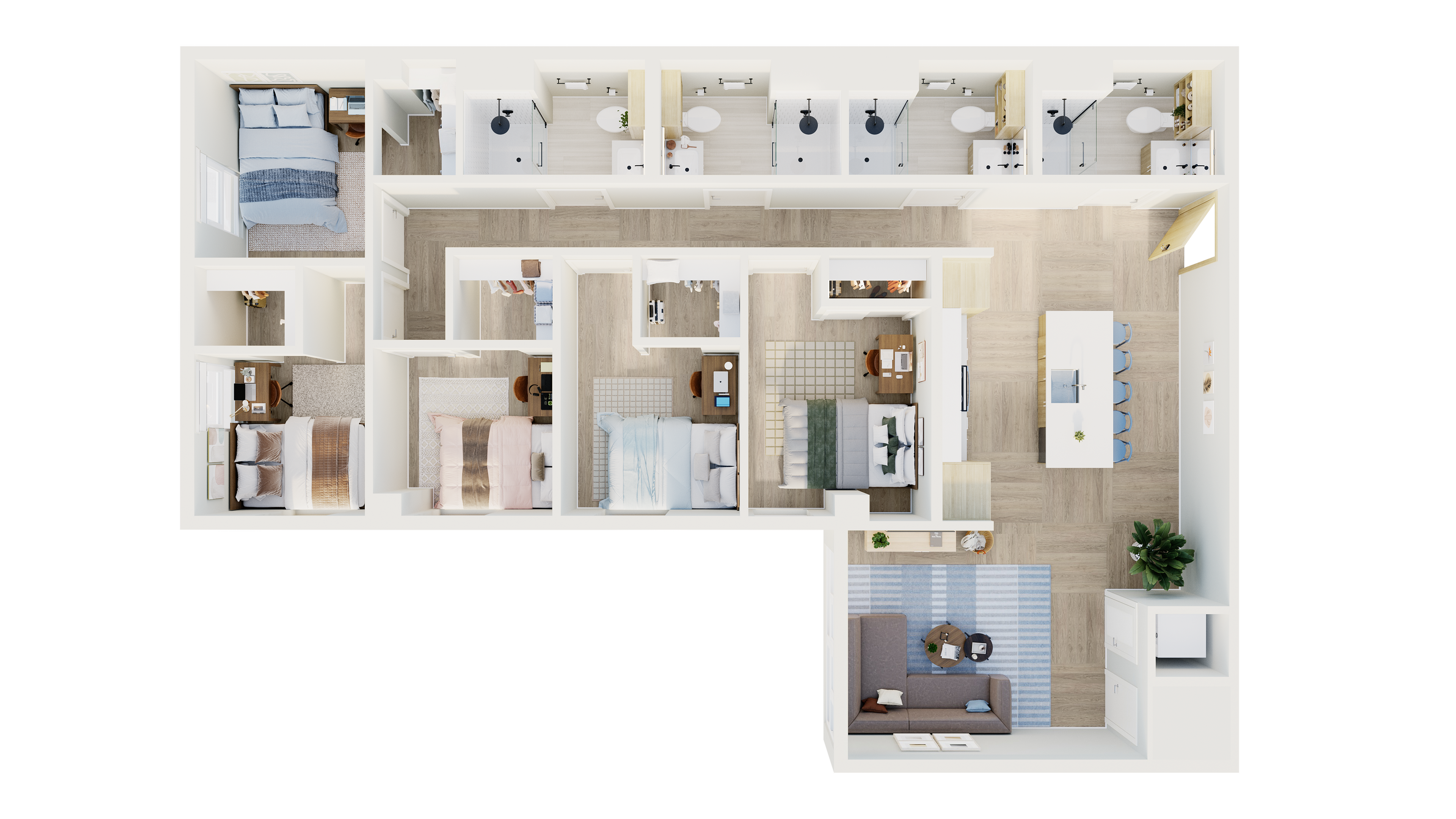 Modern floor plan showcasing 4 bedrooms, 4 bathrooms, and a spacious open-concept living area with a sleek kitchen and cozy lounge.