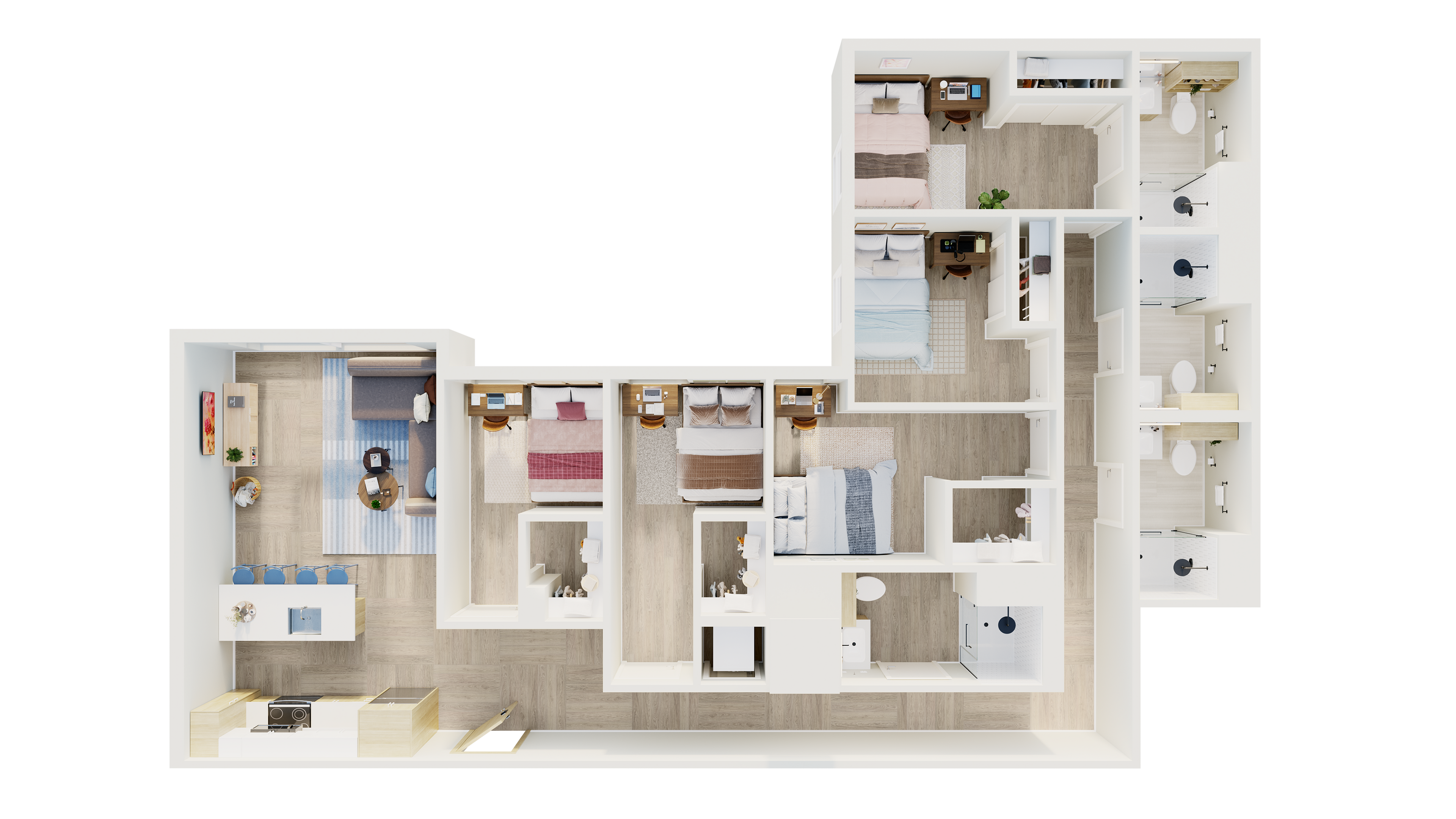 Inviting 3-bedroom apartment floor plan featuring a spacious open-concept kitchen and living area, complemented by three modern bathrooms.