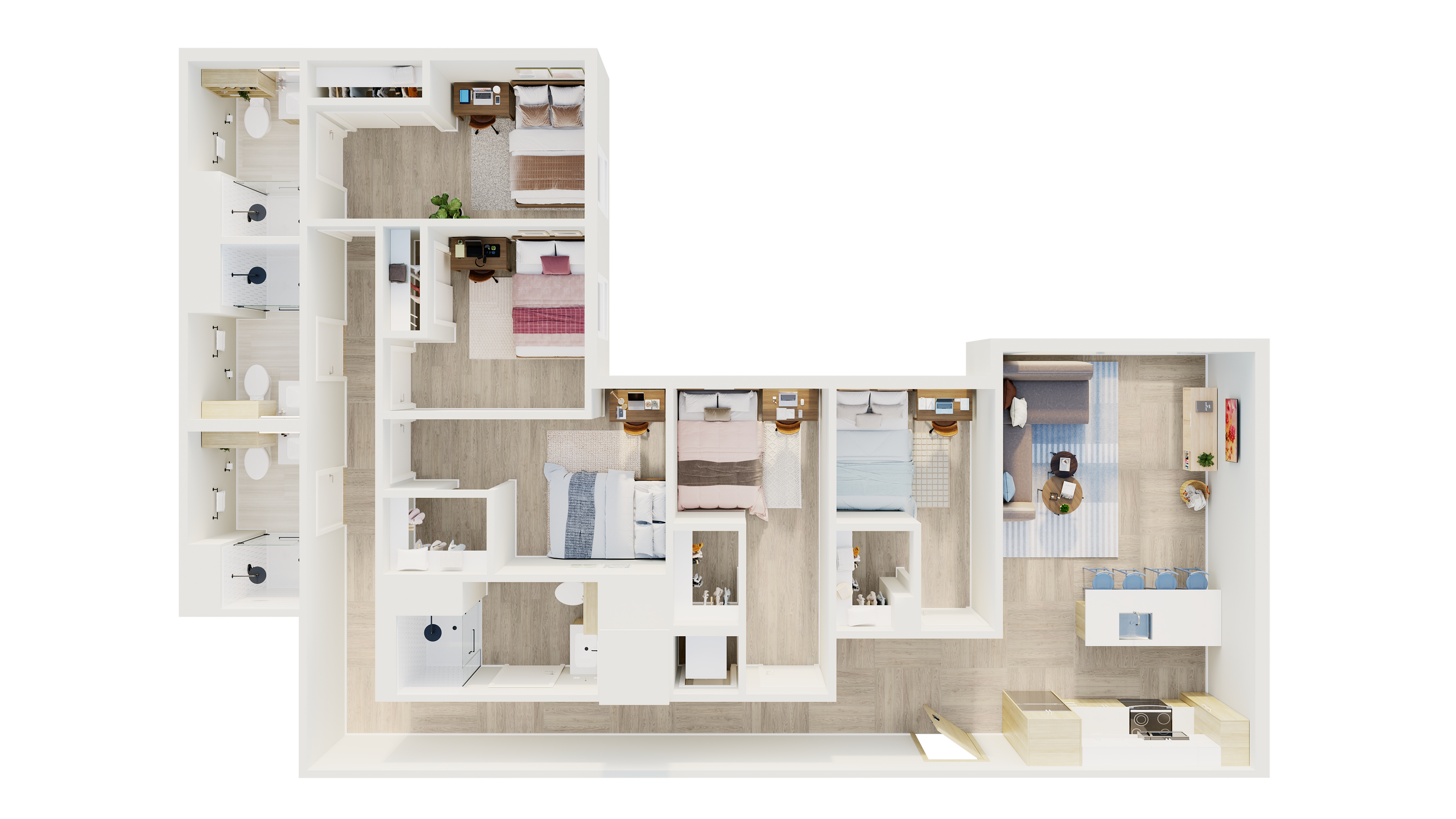 Modern L-shaped 3D floor plan showcasing four cozy bedrooms, a stylish open living area, and a sleek kitchen with a breakfast bar.