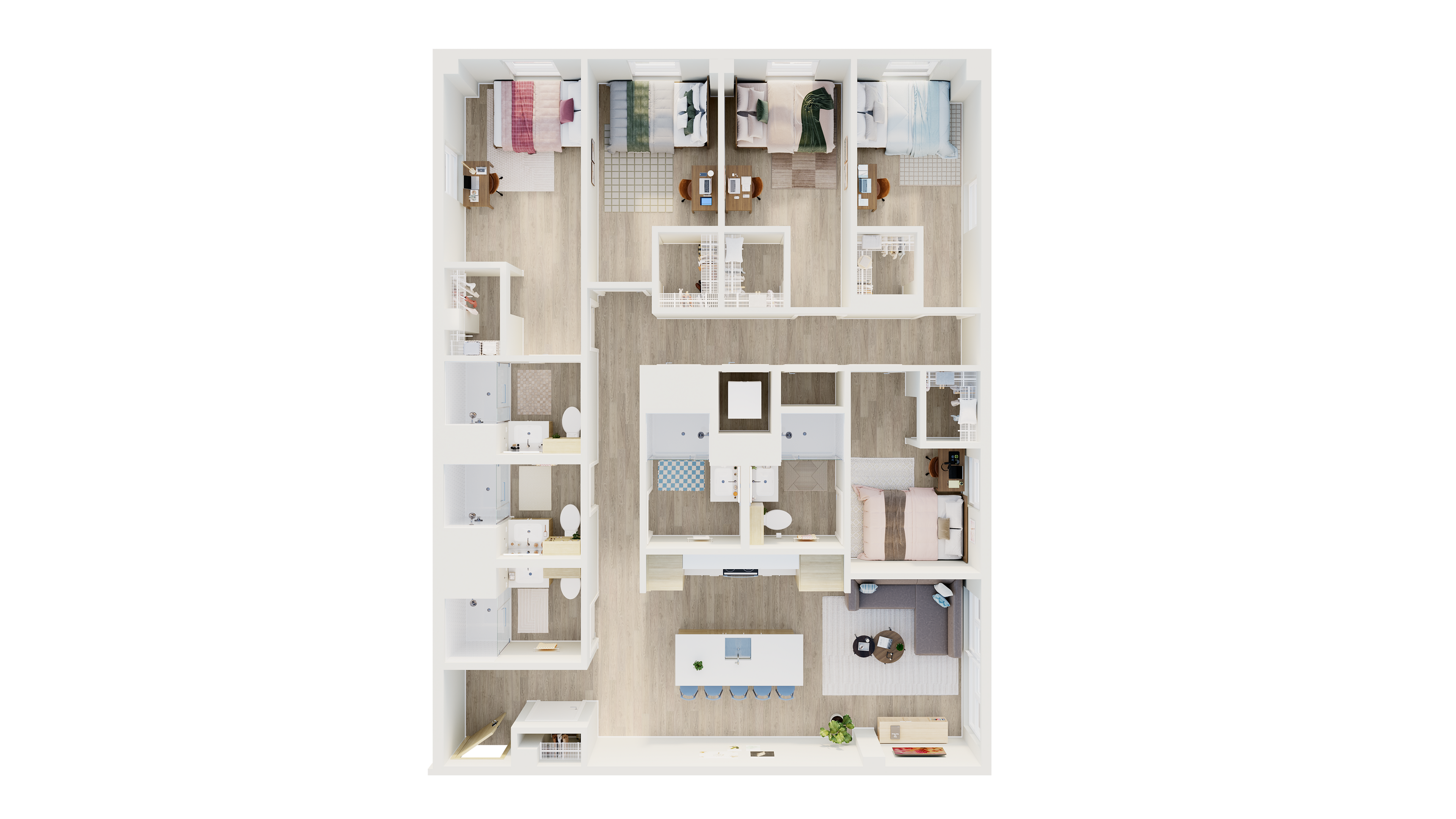 Modern floor plan showcasing a spacious layout with four bedrooms, a cozy living area, and a sleek kitchen, designed for contemporary living.