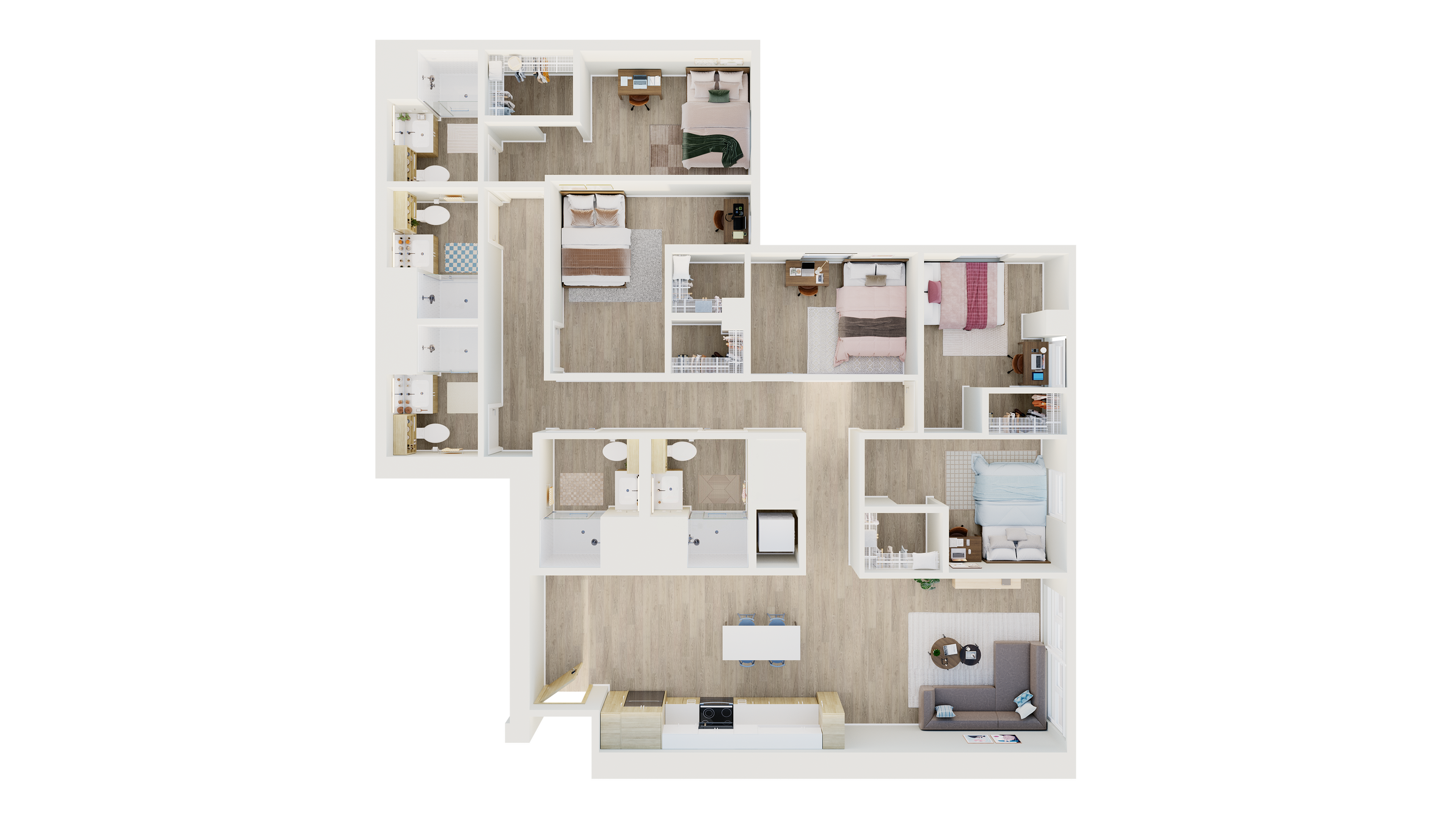 Spacious and modern floor plan featuring four bedrooms, an open-concept living room, elegant dining area, and sleek kitchen design.