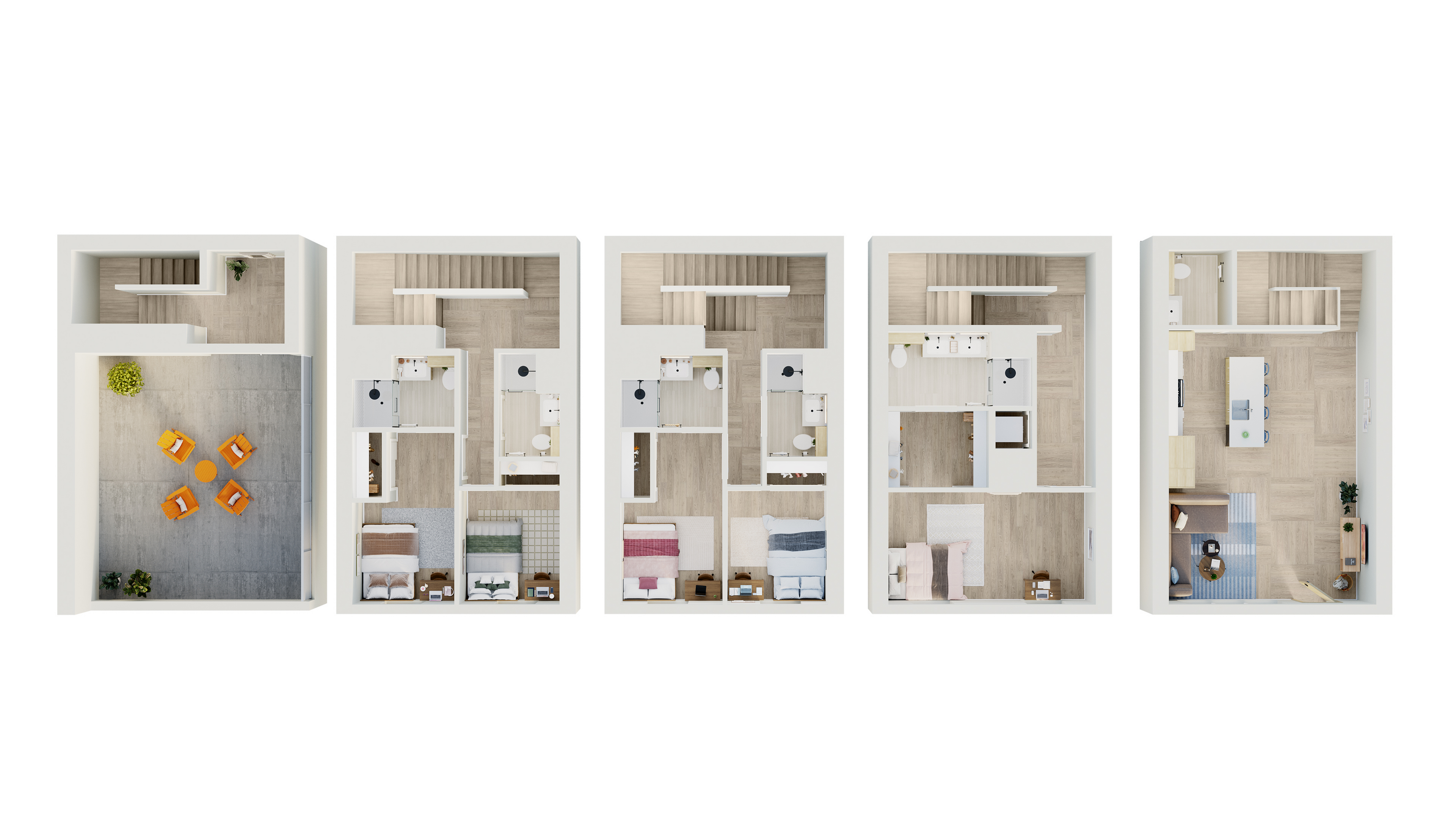 Modern multi-level floor plan showcasing multiple bedrooms, a spacious kitchen, open living area, and an inviting outdoor patio with seating, perfect for stylish urban living.