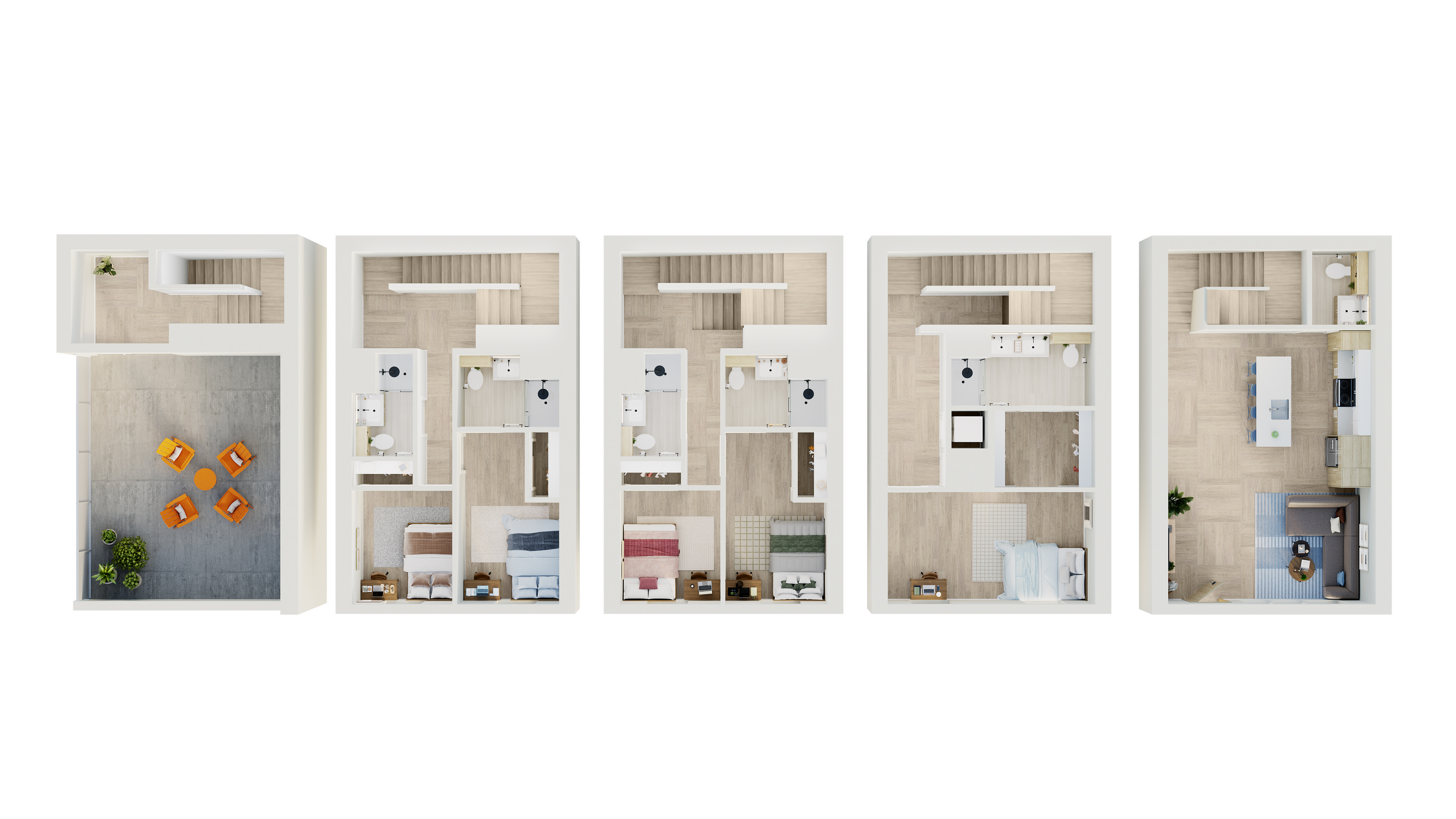 Contemporary multi-level floor plan featuring stylish outdoor seating, three versatile bedrooms, modern bathrooms, a compact kitchen, and an inviting open-concept living area.