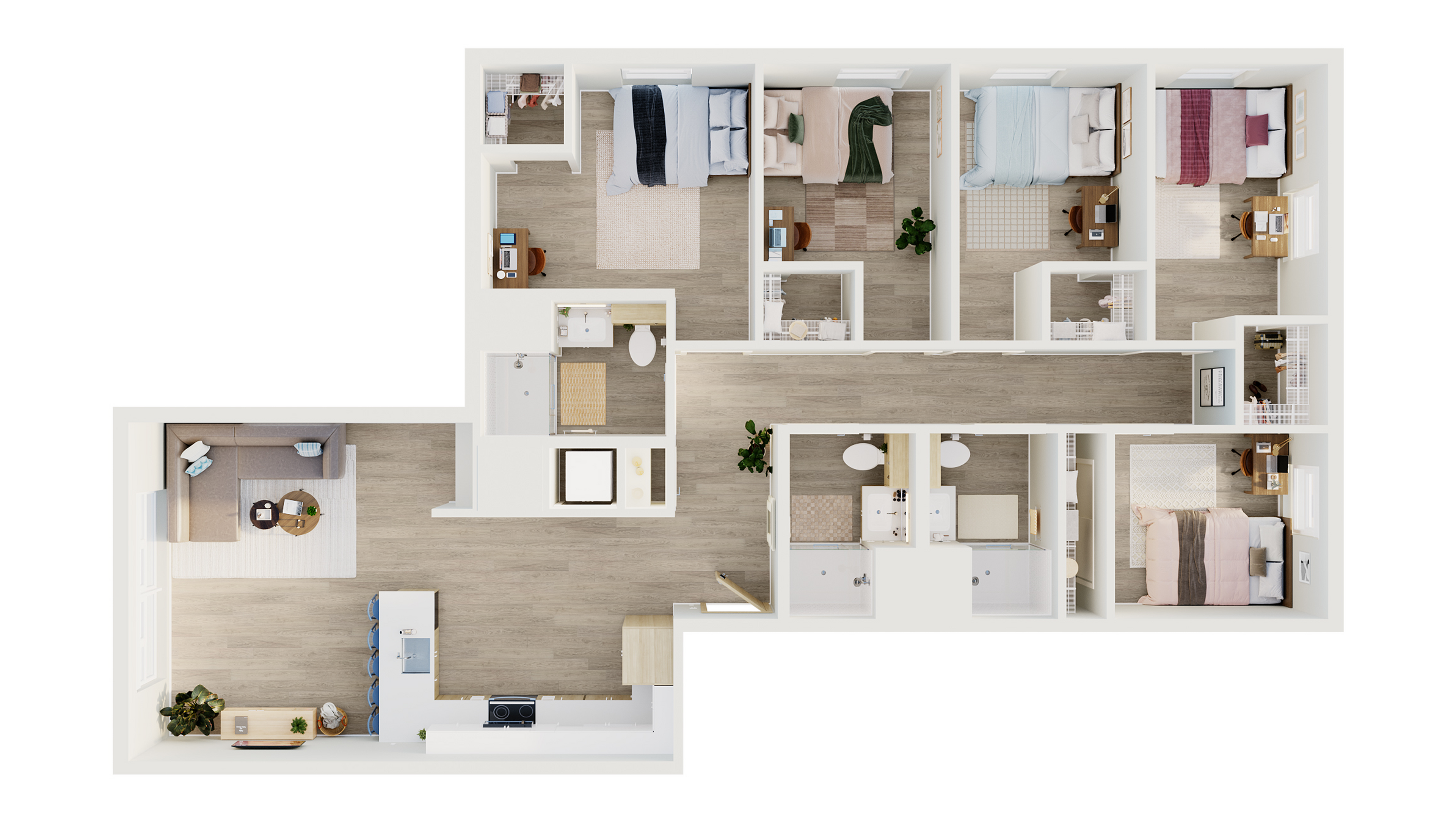 Modern apartment floor plan showcasing three cozy bedrooms, spacious open-plan living area, and sleek kitchen design.