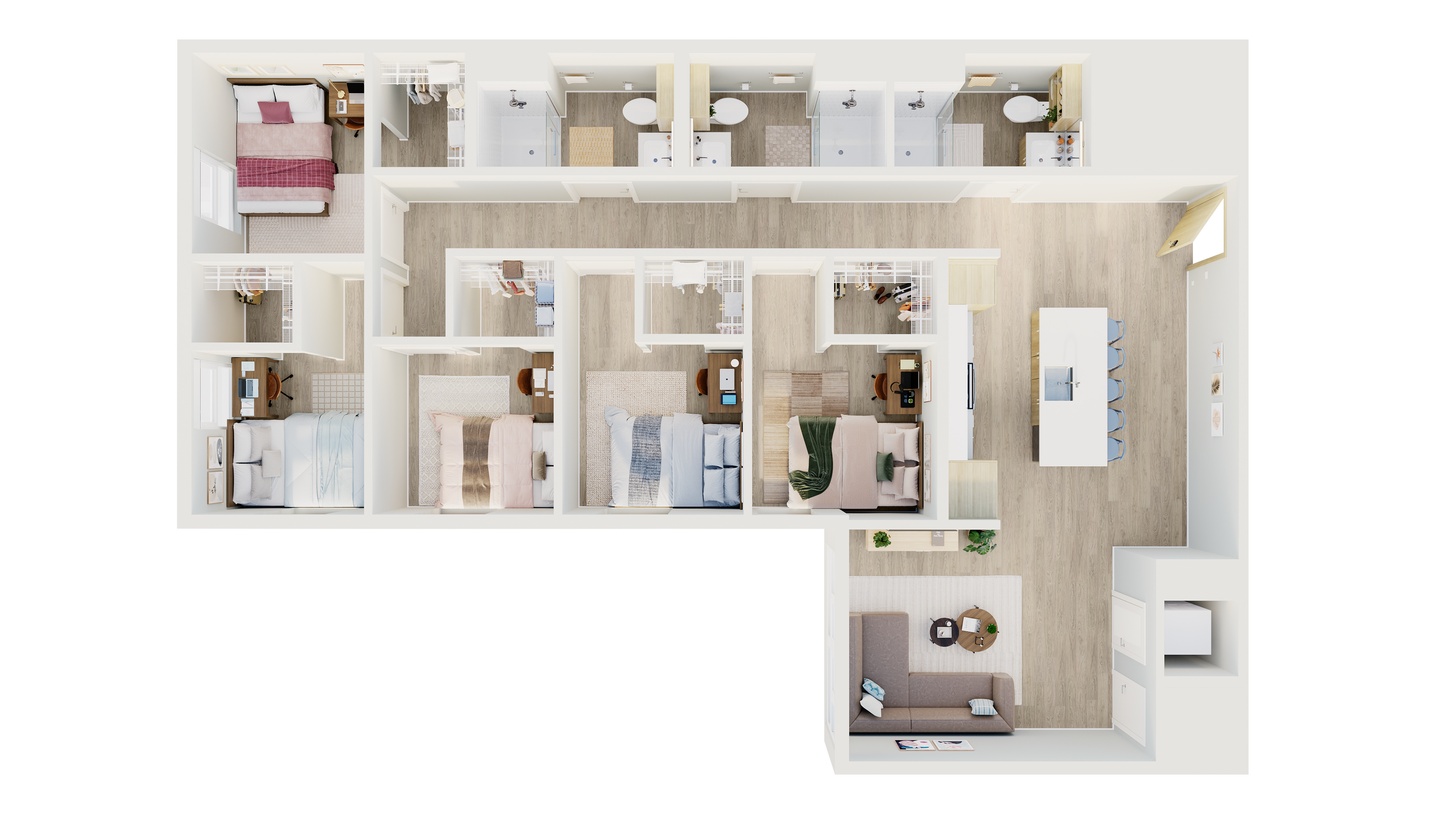 Contemporary L-shaped floor plan with four cozy bedrooms, open kitchen with island seating, stylish living area, and multiple bathrooms.