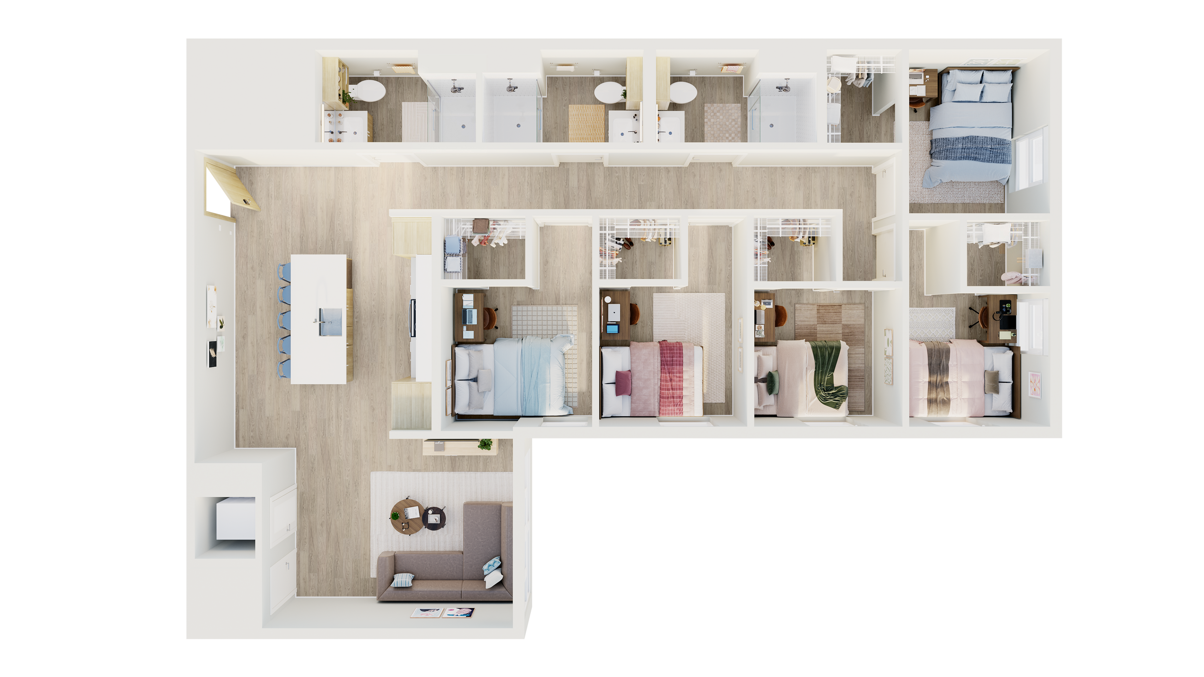 Elegant 2D floor plan showcasing four bedrooms, a modern kitchen with island seating, and a cozy open-plan living area, featuring ample storage and sleek design.