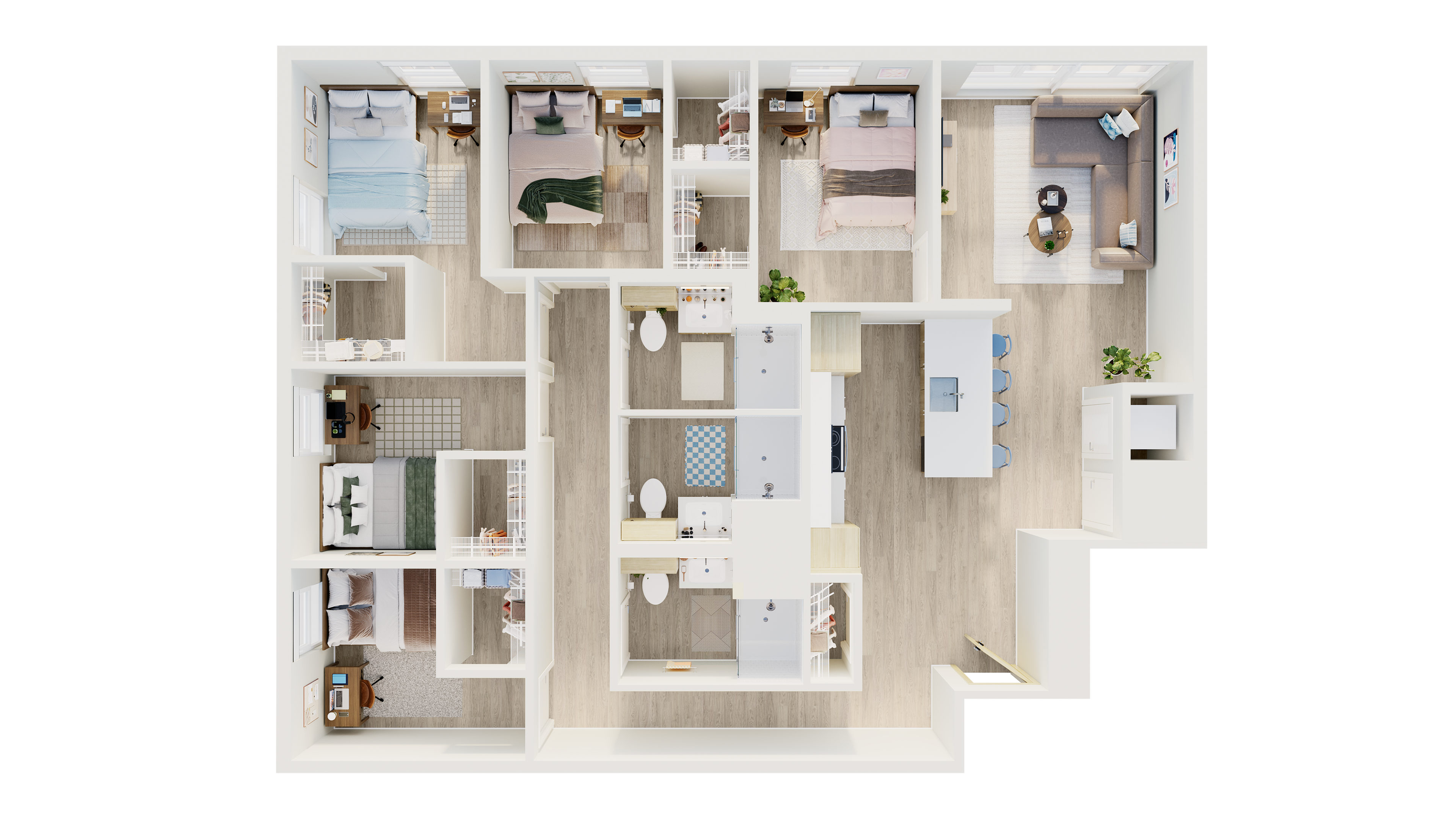 Modern 3D floor plan showcasing four cozy bedrooms, stylish open-plan kitchen with dining area, chic living room, and two well-appointed bathrooms. Perfect blend of comfort and style.