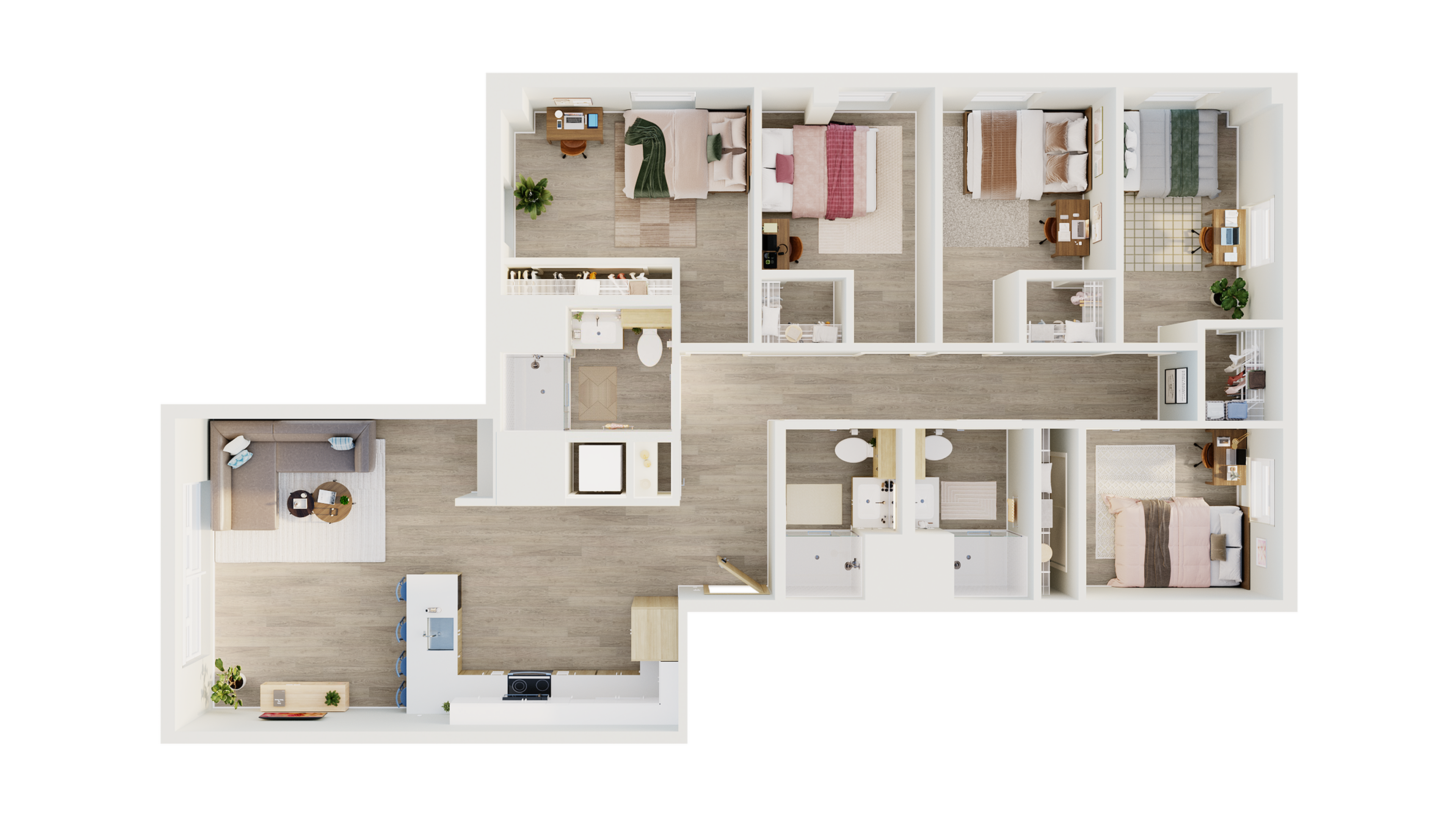 Inviting 3D floor plan showcasing 4 bedrooms, a cozy open-concept living area, and a sleek modern kitchen. Ample natural light and spacious hallway enhance the homey atmosphere.