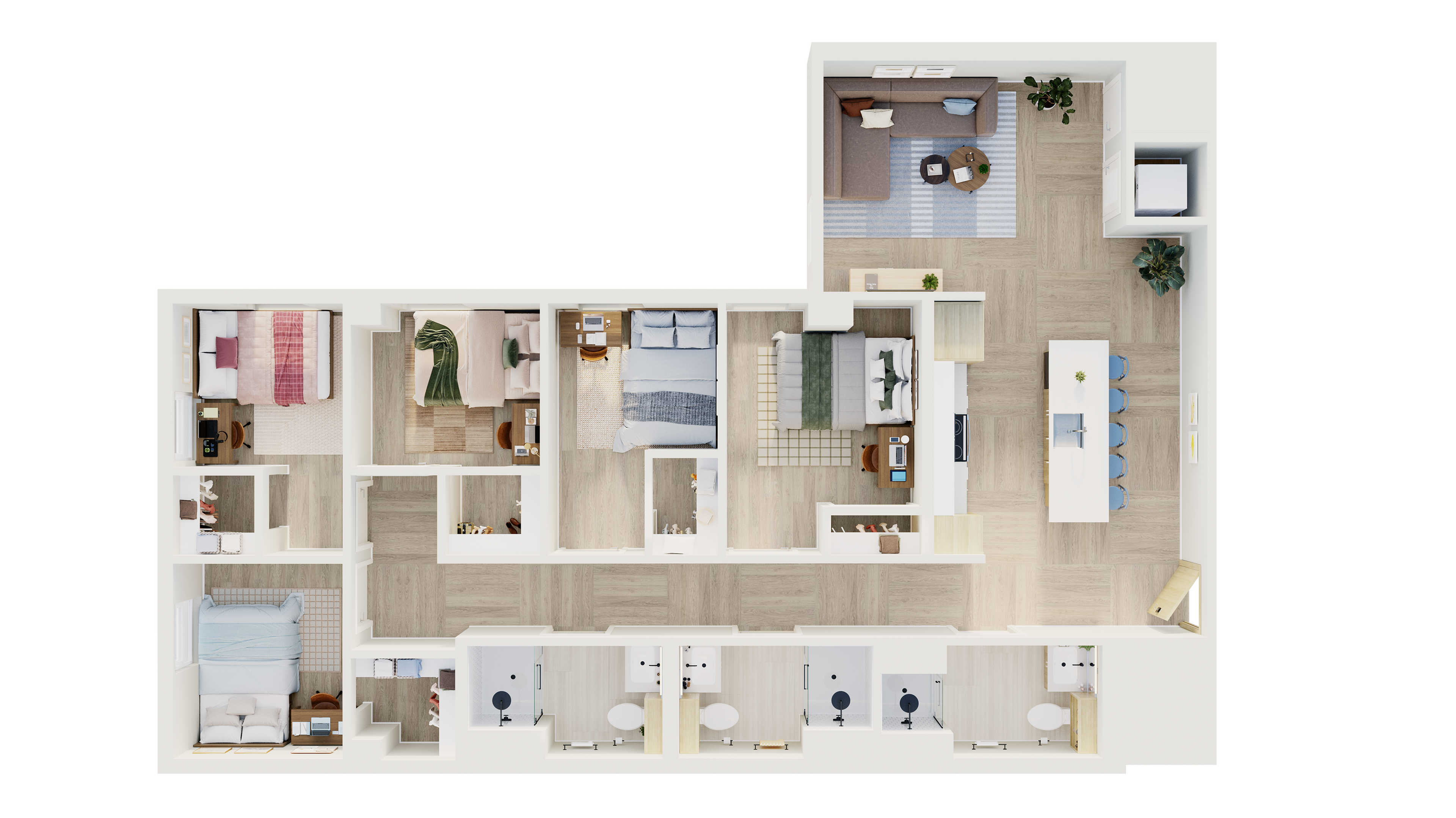 Sophisticated apartment floor plan highlighting 3 spacious bedrooms, a modern open-concept kitchen, and an inviting living area with ample natural light.