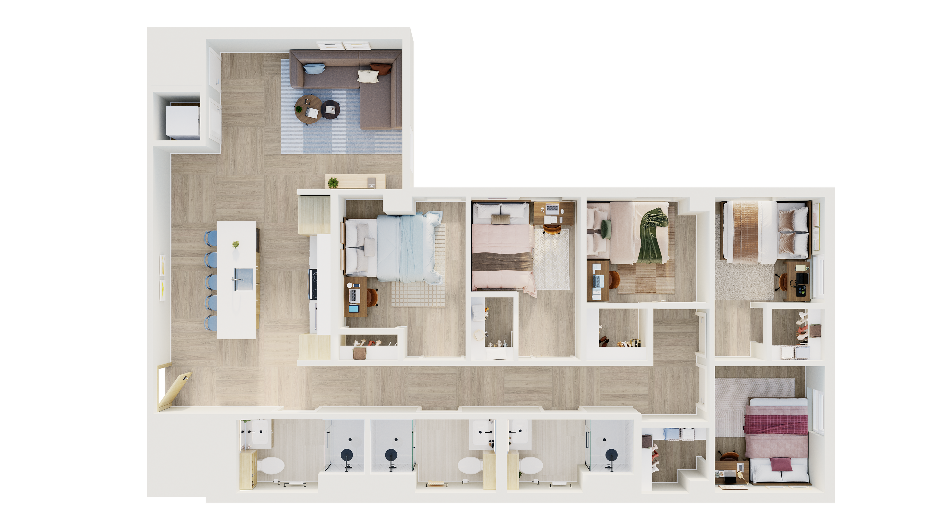 Modern floor plan showcasing 4 bedrooms, a spacious open-concept kitchen and living area, and two elegant bathrooms. Ideal for comfortable family living.