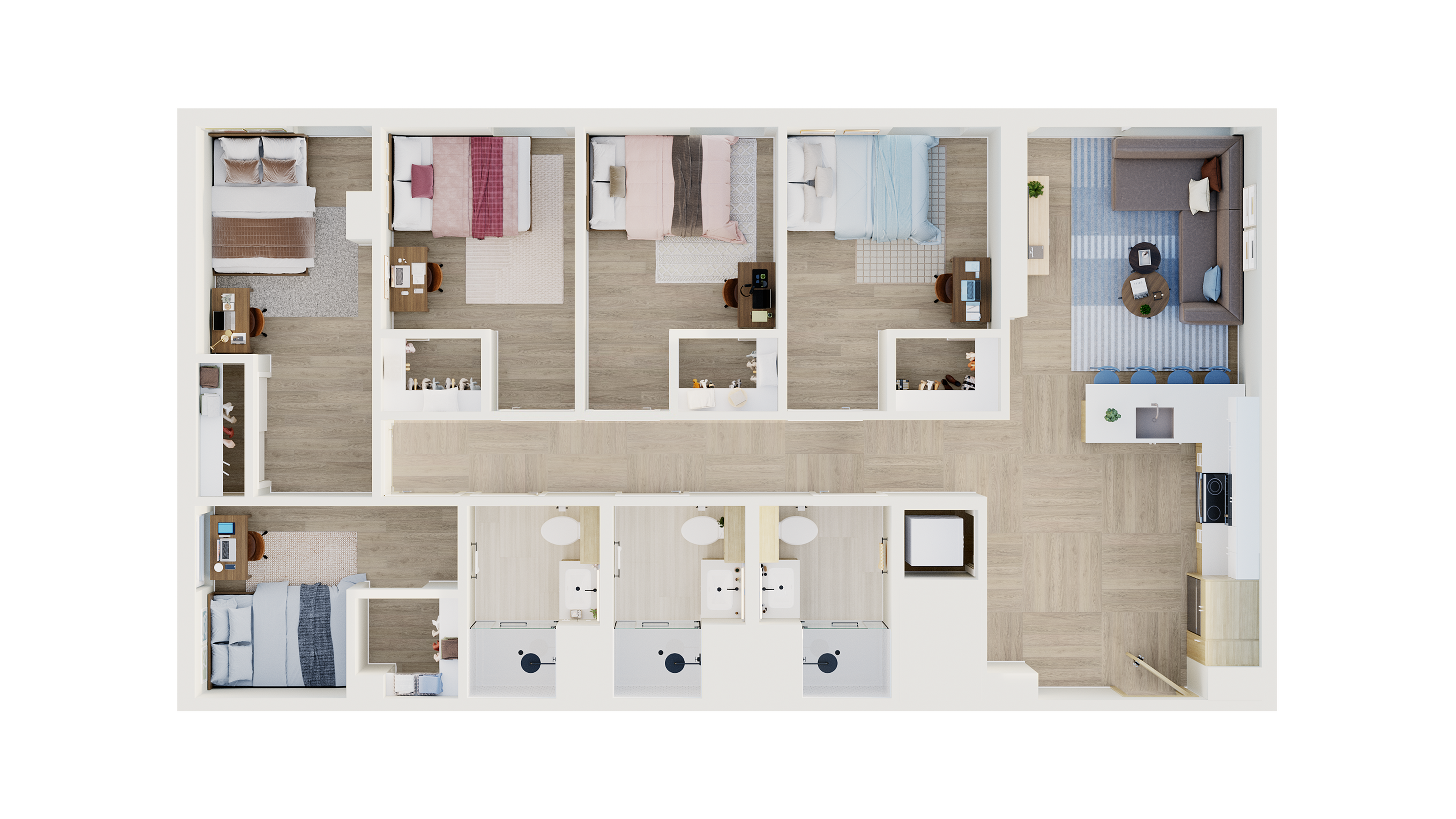 Beautifully designed 3D floor plan showcasing 4 bedrooms, a modern kitchen, and a cozy living area with natural light.