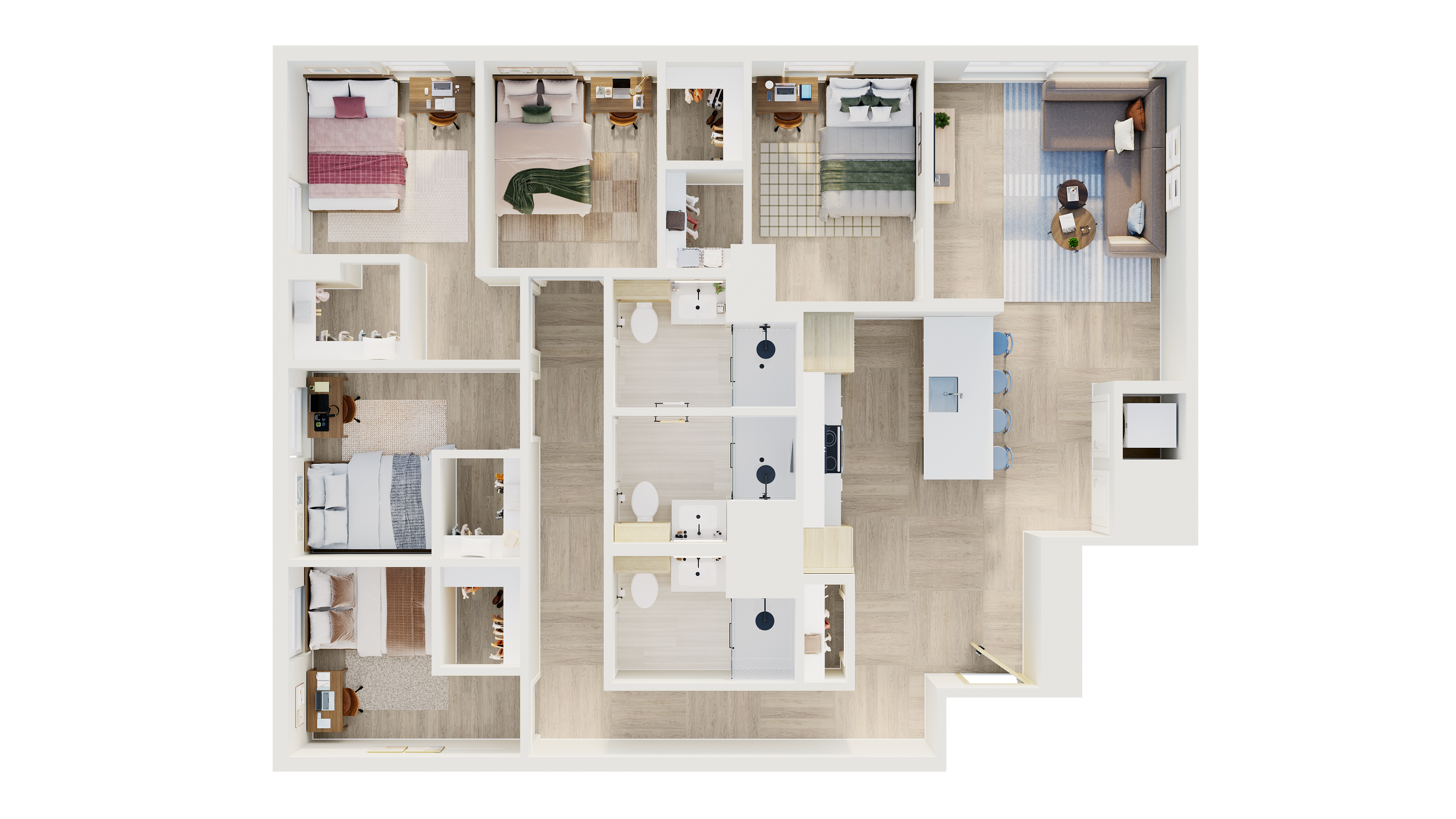 Elegant 3D floor plan highlighting 3 spacious bedrooms, 2 modern bathrooms, an open-concept kitchen with bar seating, and a cozy living area.