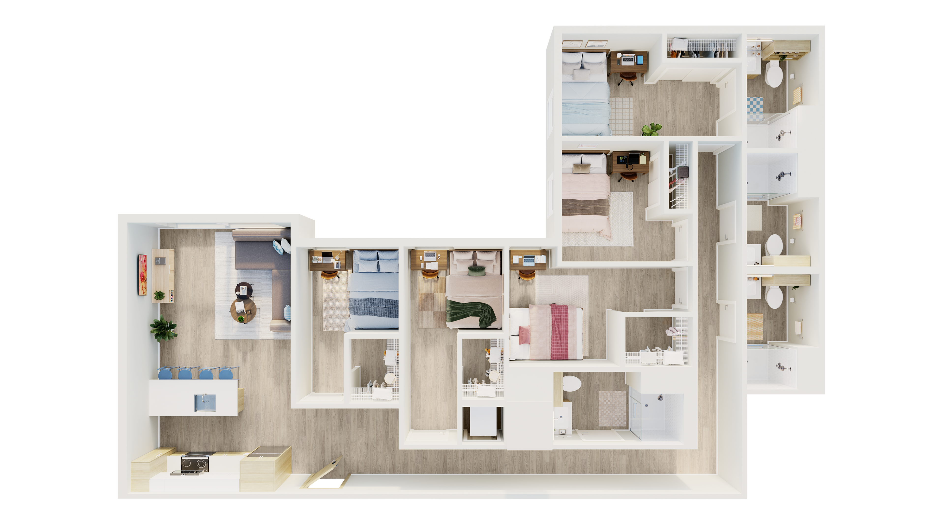 Modern L-shaped floor plan featuring three bedrooms, cozy living area, stylish kitchen with breakfast bar, and two chic bathrooms, perfect for family living.