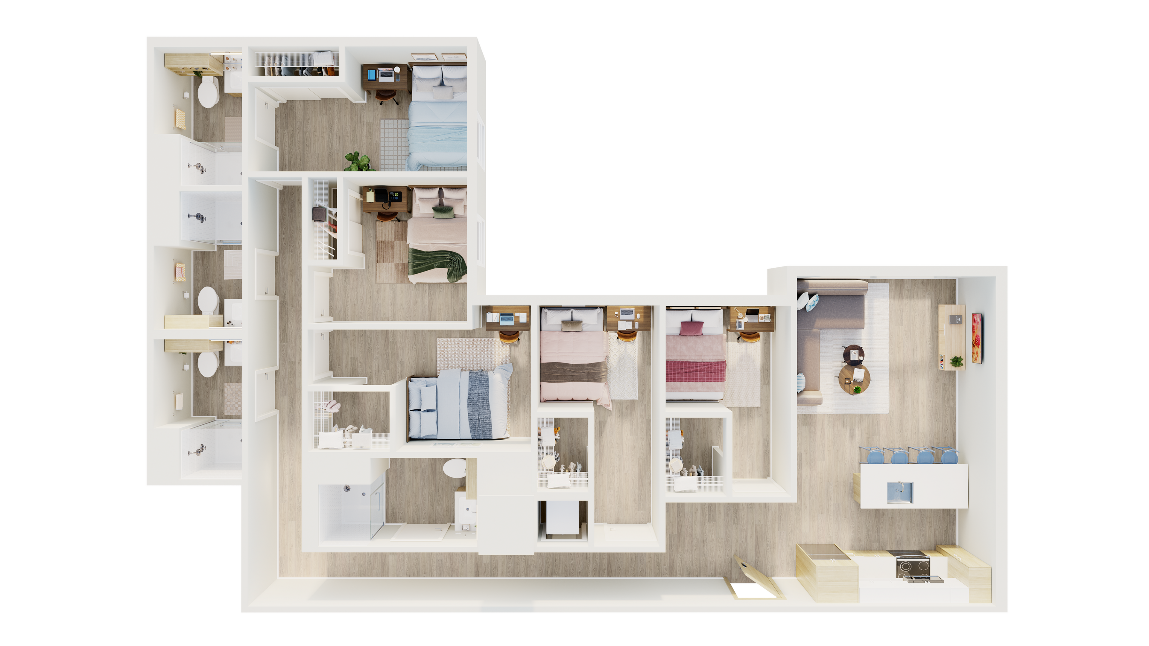 Modern L-shaped floor plan displaying 4 cozy bedrooms, 2 stylish bathrooms, an open-concept kitchen with island, and a welcoming living area with a contemporary design.