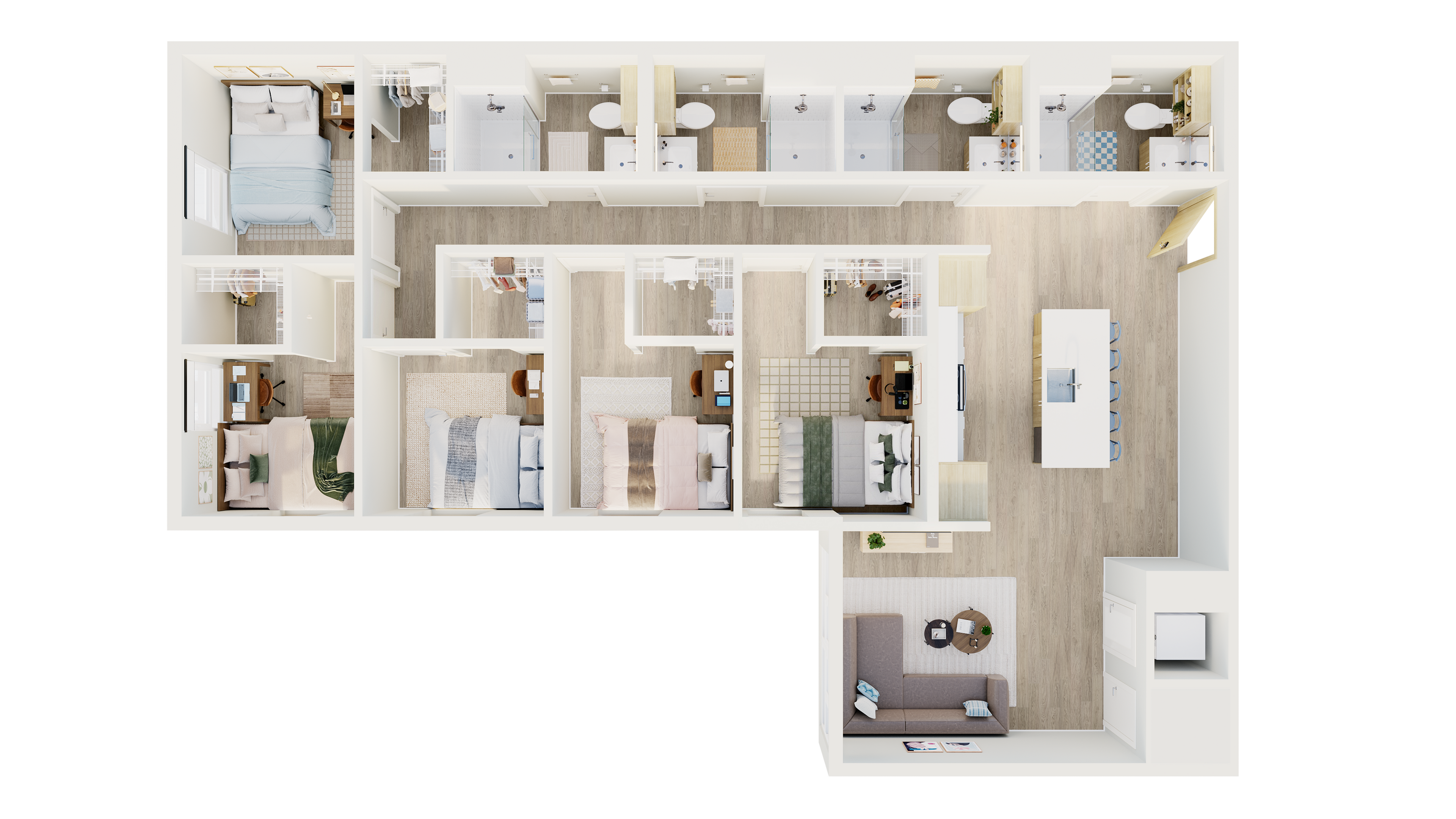 Modern floor plan showcasing 4 spacious bedrooms, 4 elegant bathrooms, an open-concept kitchen, and a cozy living area, perfect for family comfort and style.