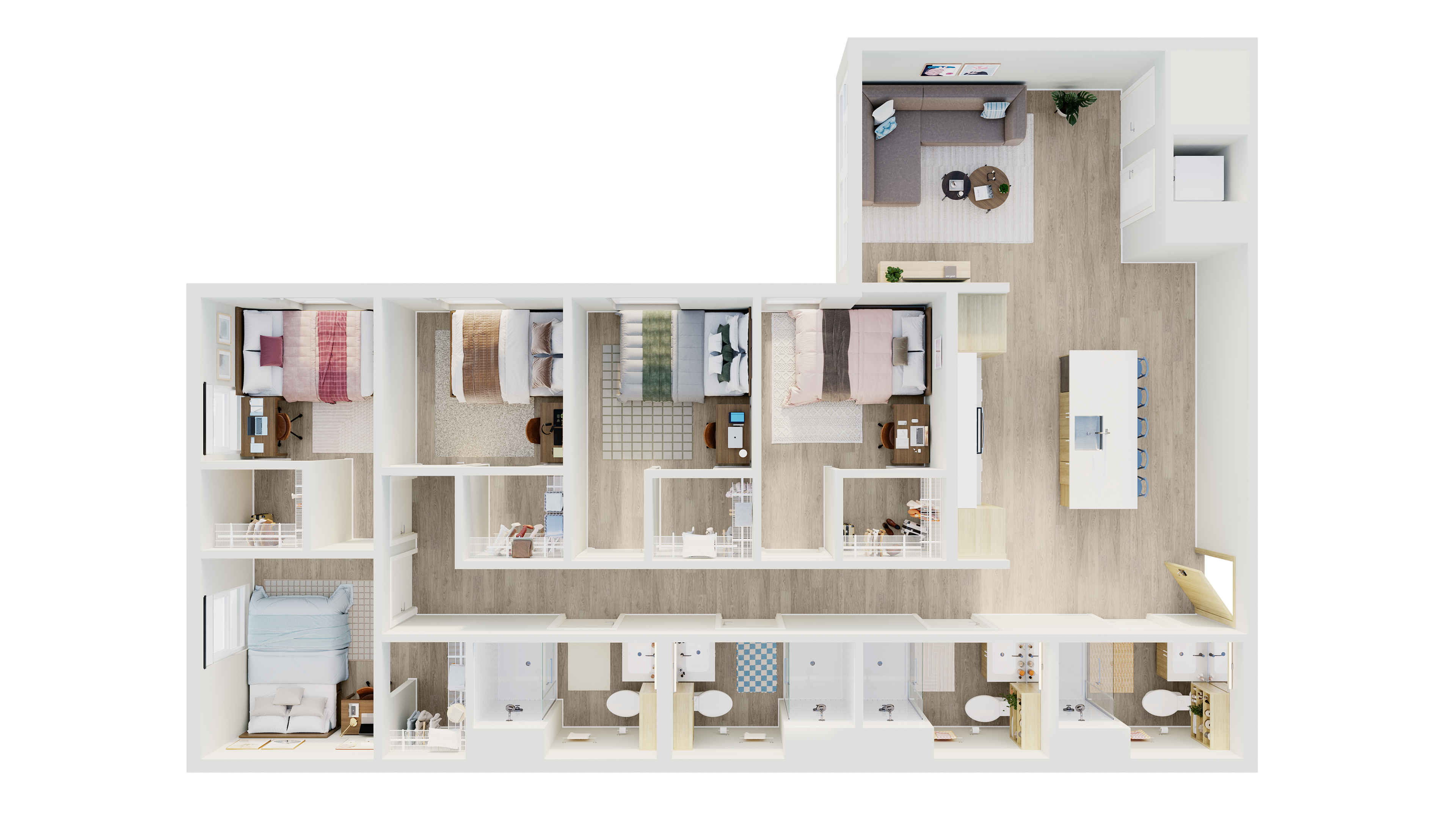 Elegant 3D floor plan showcasing four cozy bedrooms, two modern bathrooms, a spacious open-plan living area, and a sleek kitchen with an island.