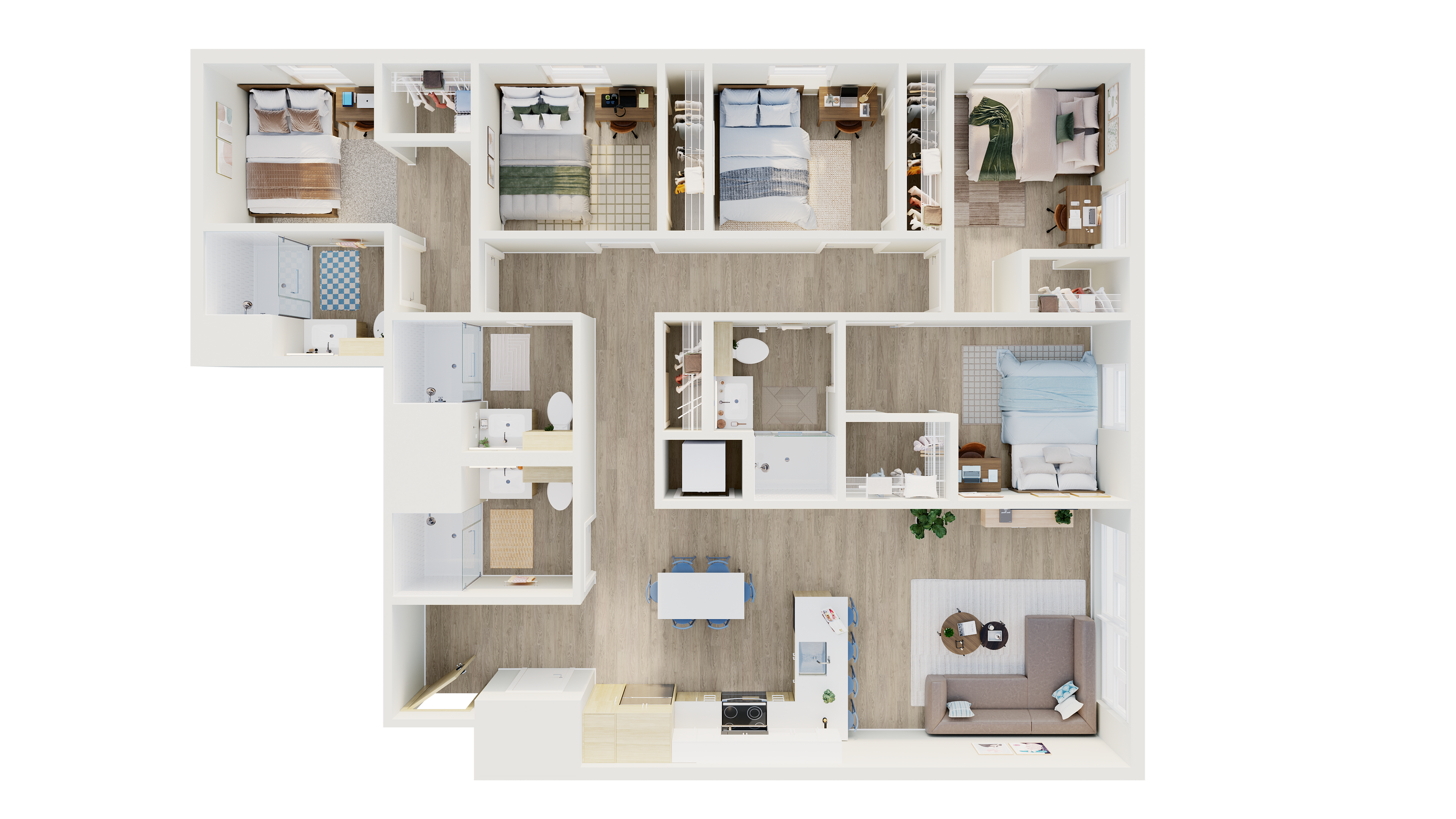 Modern floor plan featuring 3 spacious bedrooms, an inviting open-concept living area, a sleek kitchen, and two elegant bathrooms.