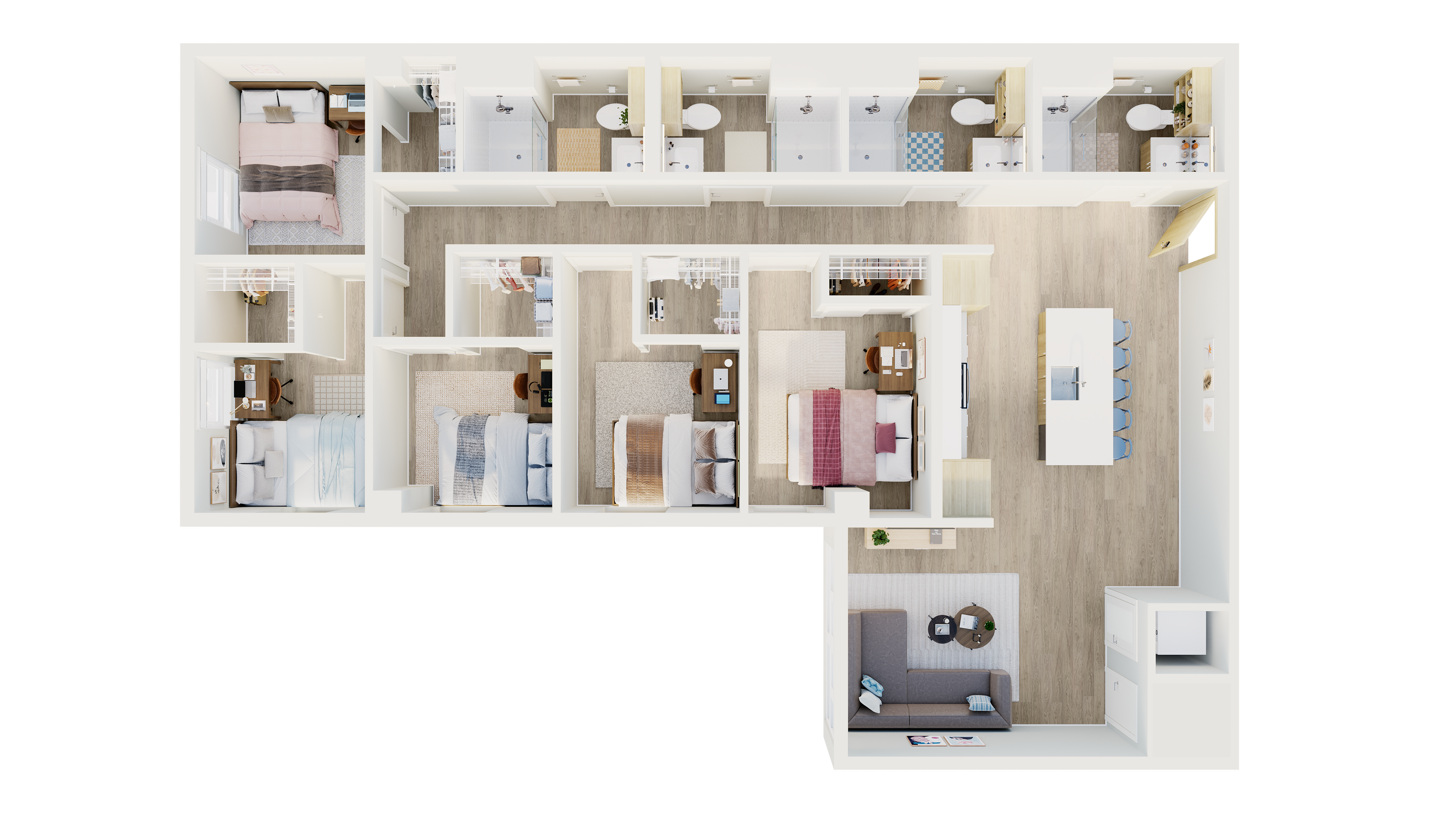 Spacious open-plan design featuring three comfortable bedrooms, each with an en-suite bathroom, modern kitchen, and inviting living area for seamless entertaining.