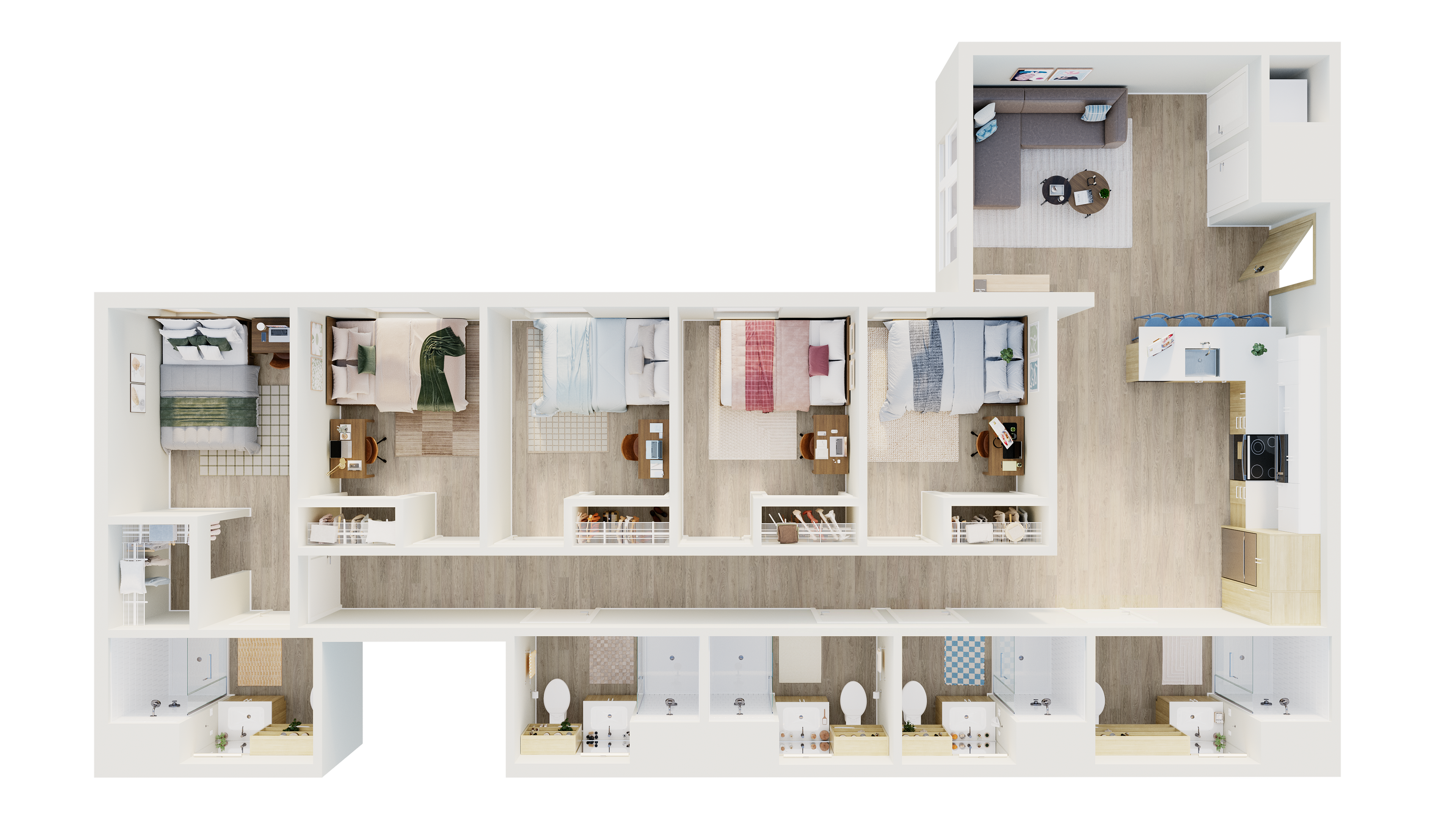 Modern 2D floor plan showcasing four cozy bedrooms, stylish open-concept living area, and a sleek kitchen with a breakfast bar.
