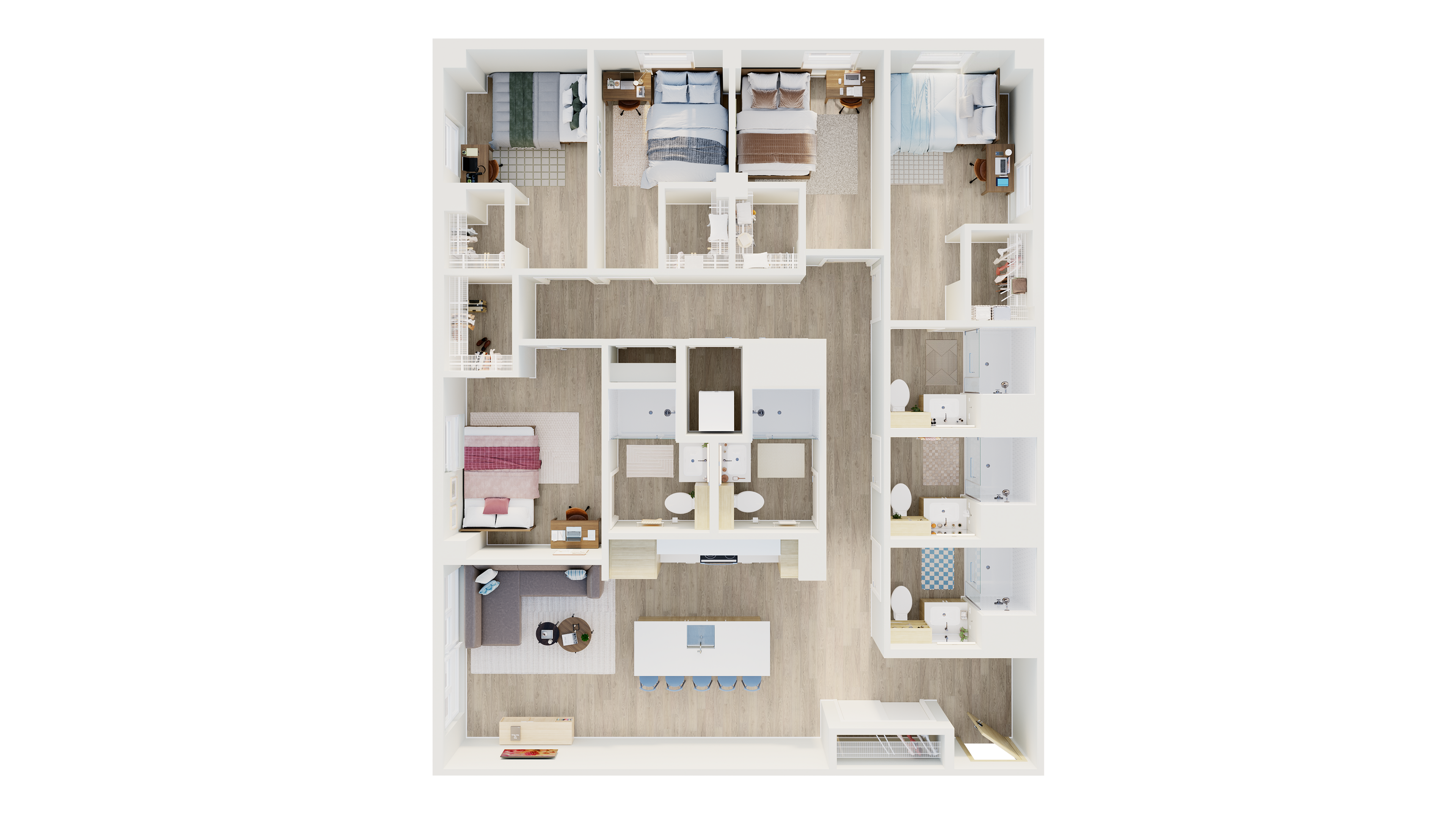 Modern 3D floor plan showcasing a spacious layout with 4 bedrooms, stylish bathrooms, and an open-concept living and dining area.