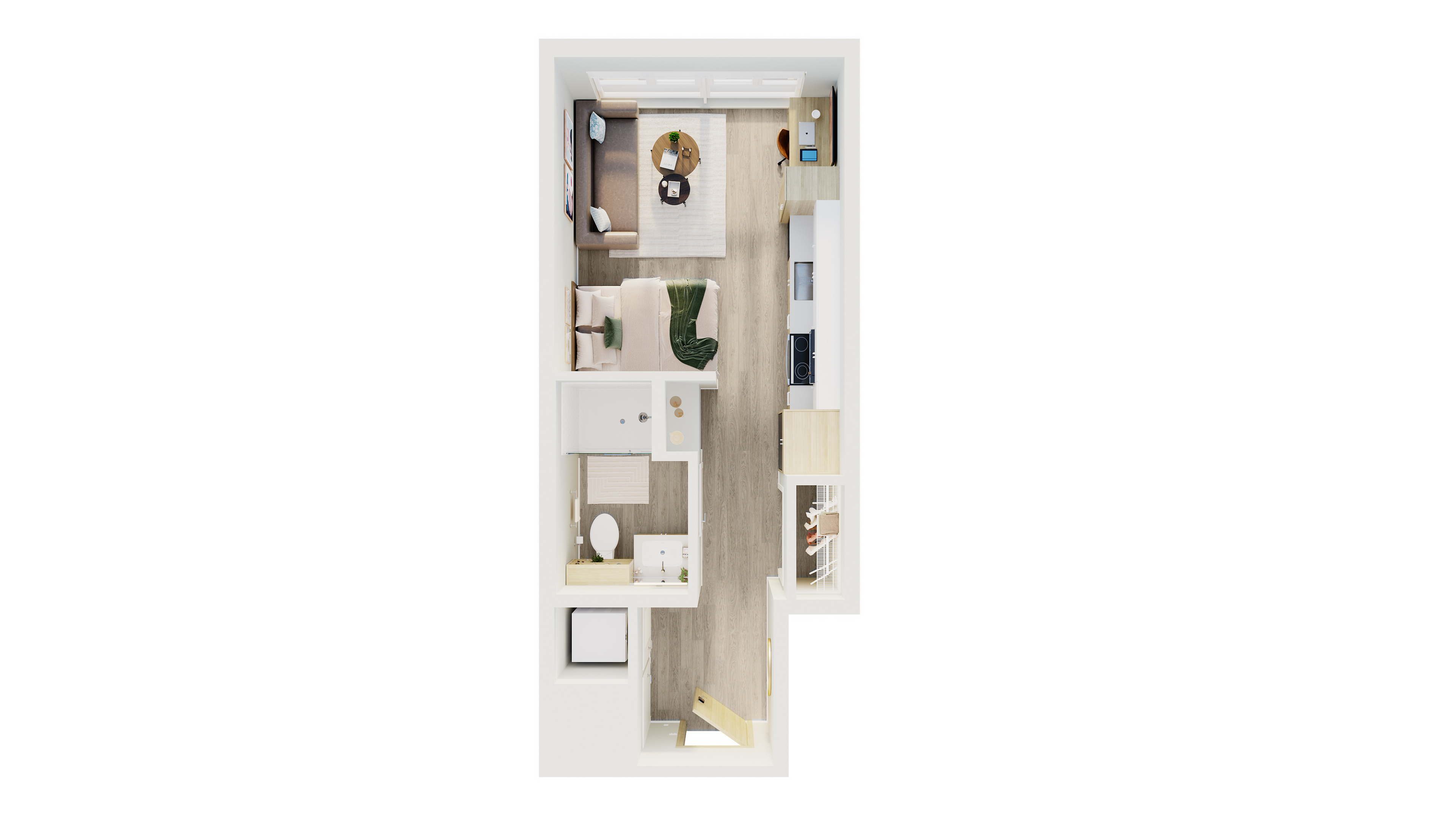Modern studio apartment floor plan showcasing a cozy living area, compact kitchen, and sleek bathroom.