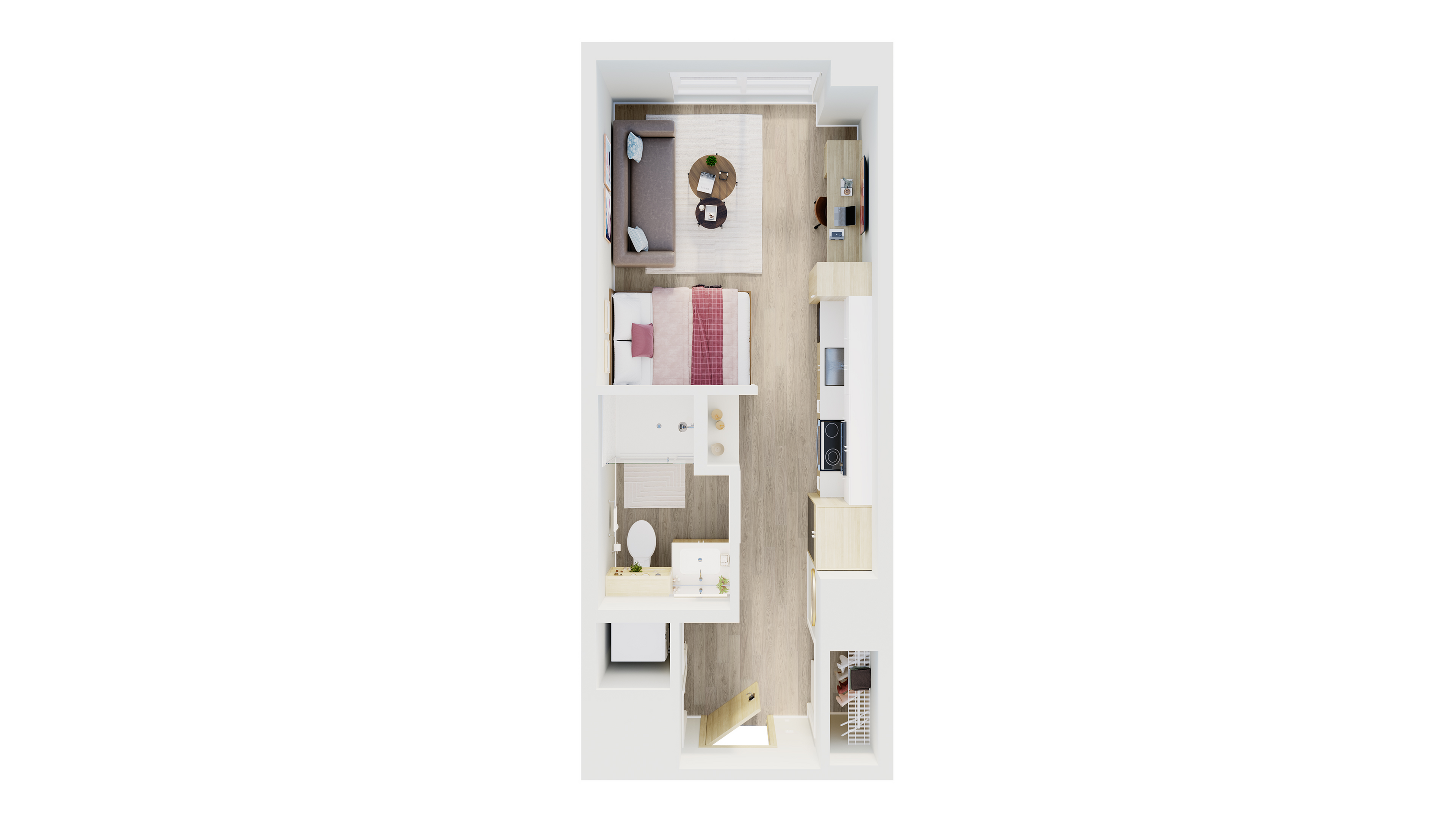 Contemporary floor plan featuring a cozy bedroom, modern bathroom, efficient kitchen, and stylish living area with natural light.