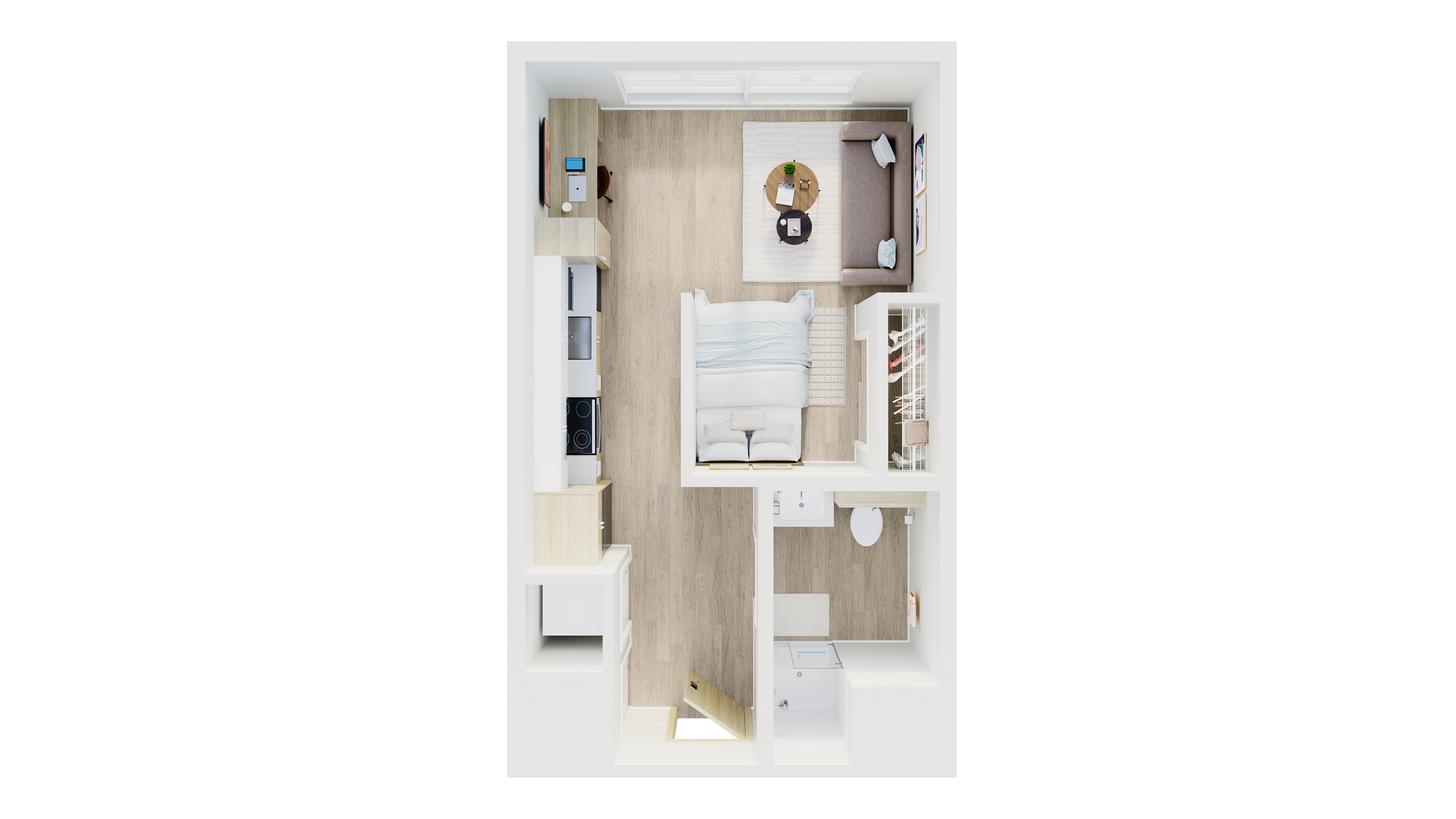Chic and compact 3D floor plan showcasing a modern studio apartment with an open living area, cozy bedroom, efficient kitchenette, and sleek bathroom.