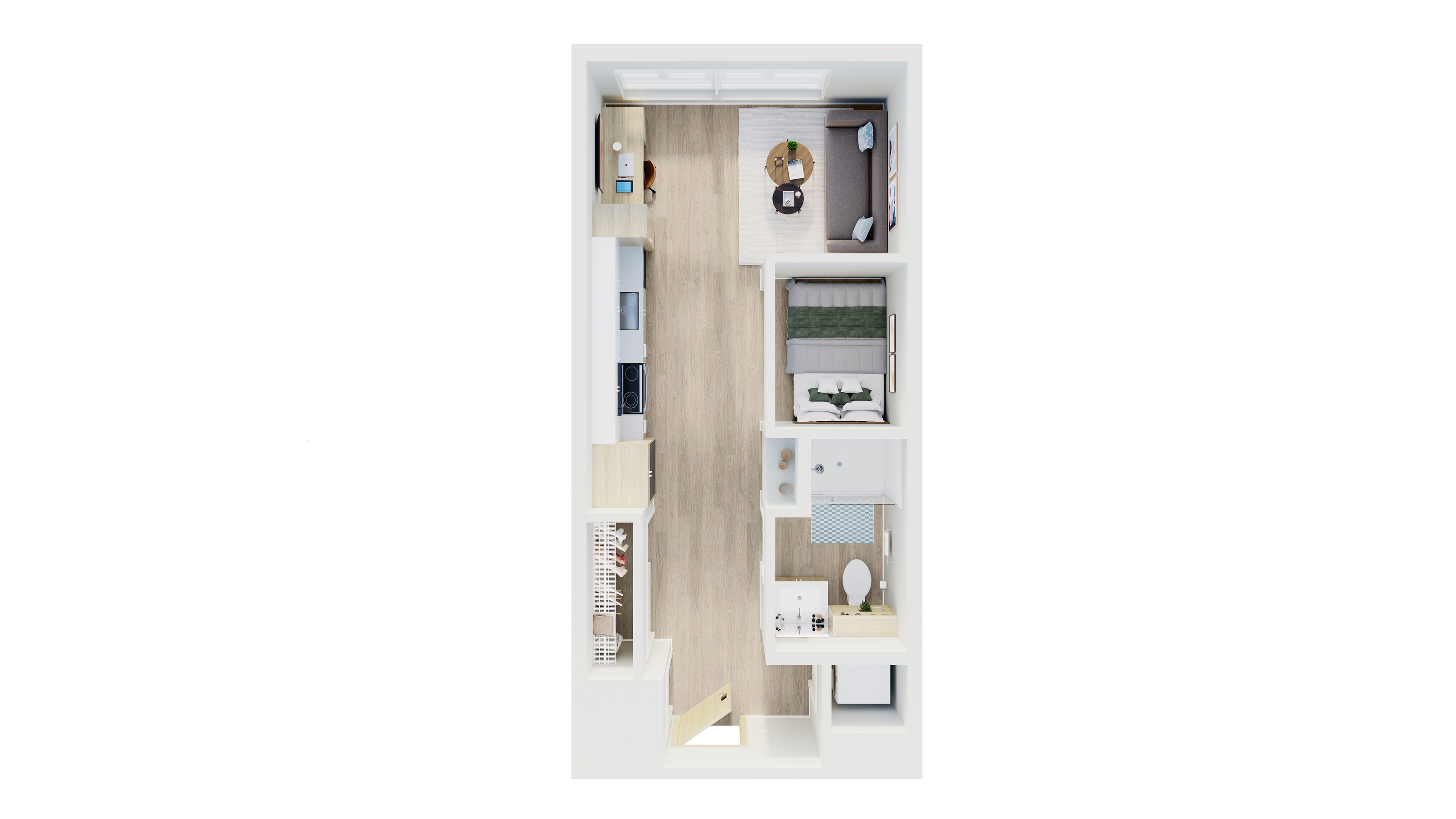 Modern 2D floor plan with 1 bedroom, cozy living area, and sleek kitchen perfect for city living.