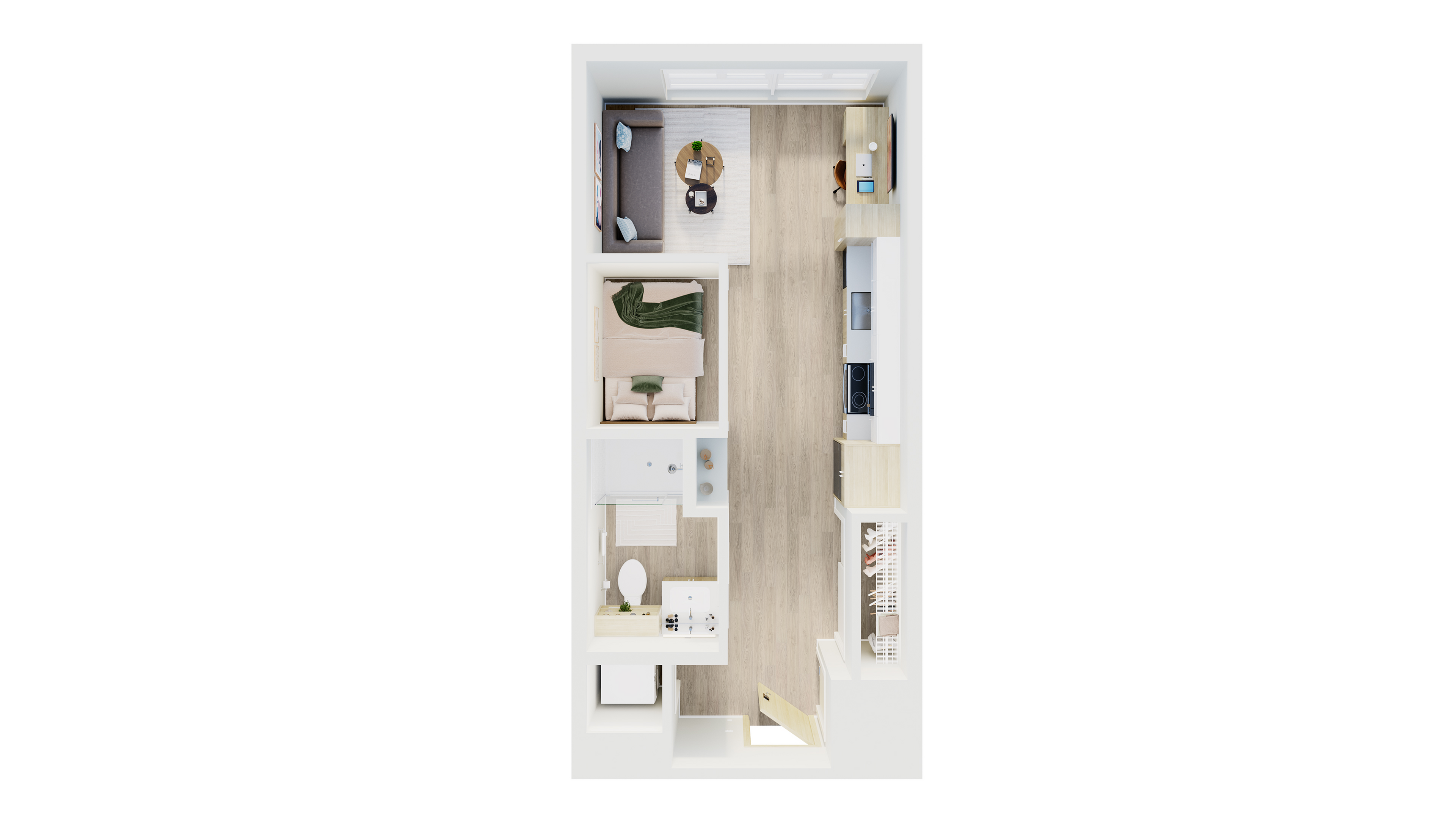 Modern apartment floor plan showcasing a cozy bedroom, stylish bathroom, efficient kitchen, and a welcoming living area.