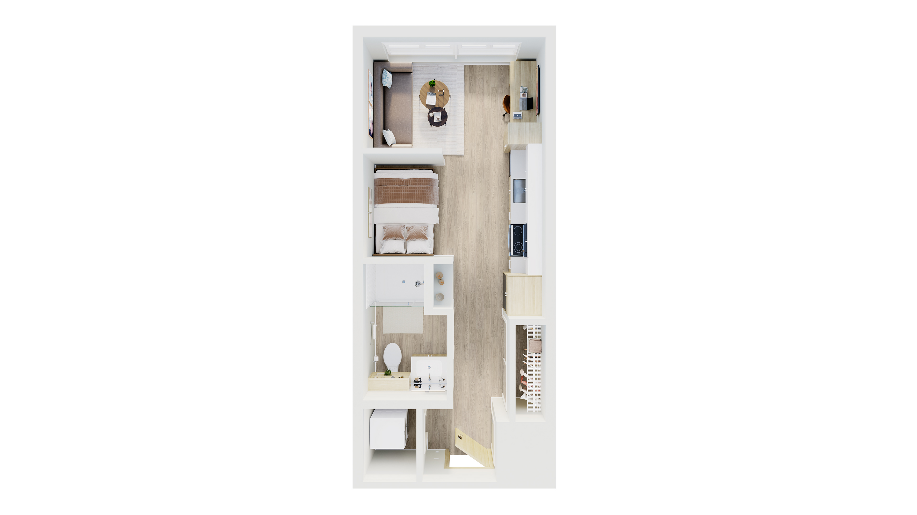 Contemporary apartment layout showcasing a cozy bedroom, sleek kitchen, and inviting living area with neutral tones and modern finishes.