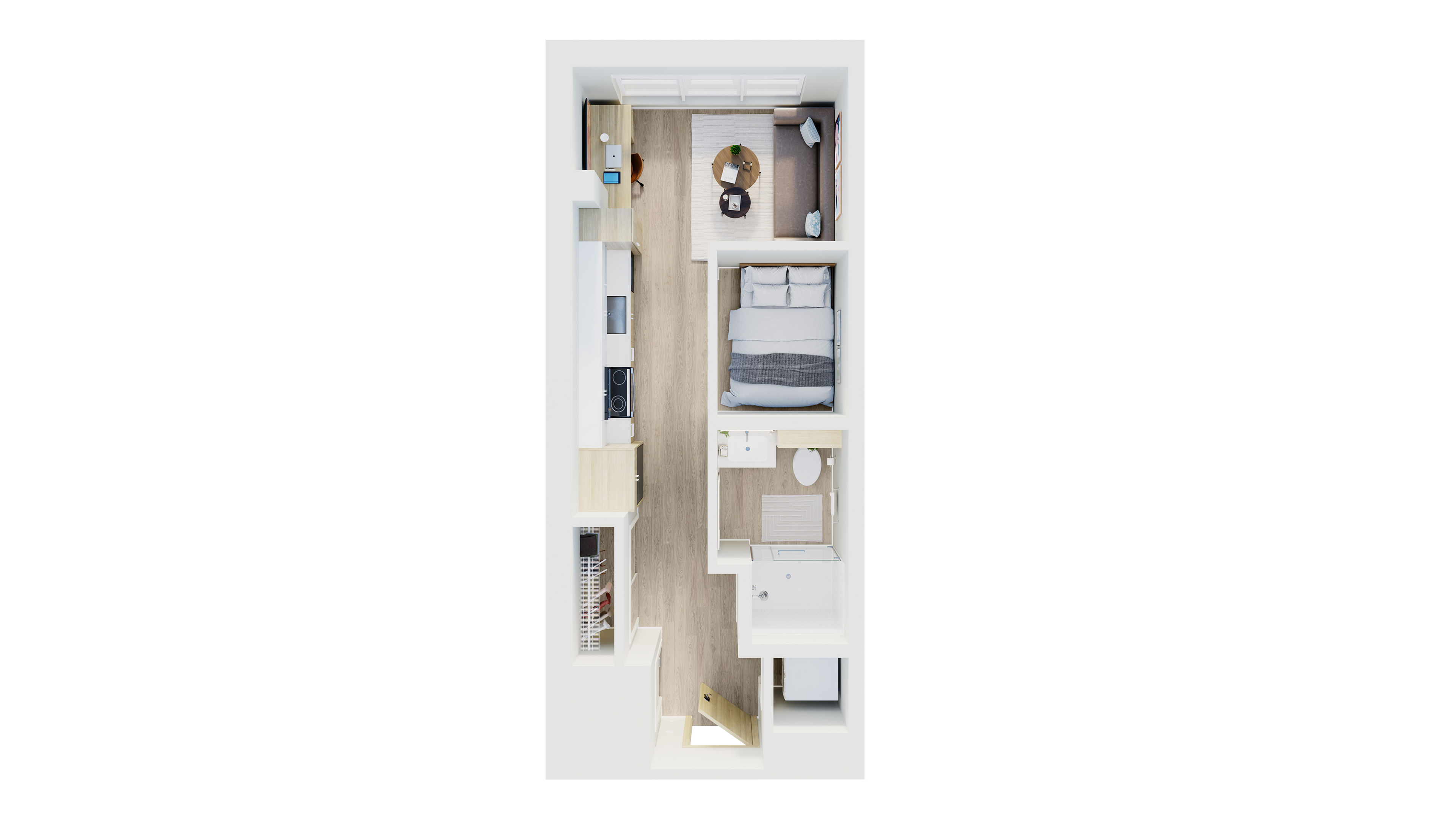 Modern floor plan showcasing a sleek studio apartment with a cozy living area, compact kitchen, and elegant bedroom with ensuite bathroom.