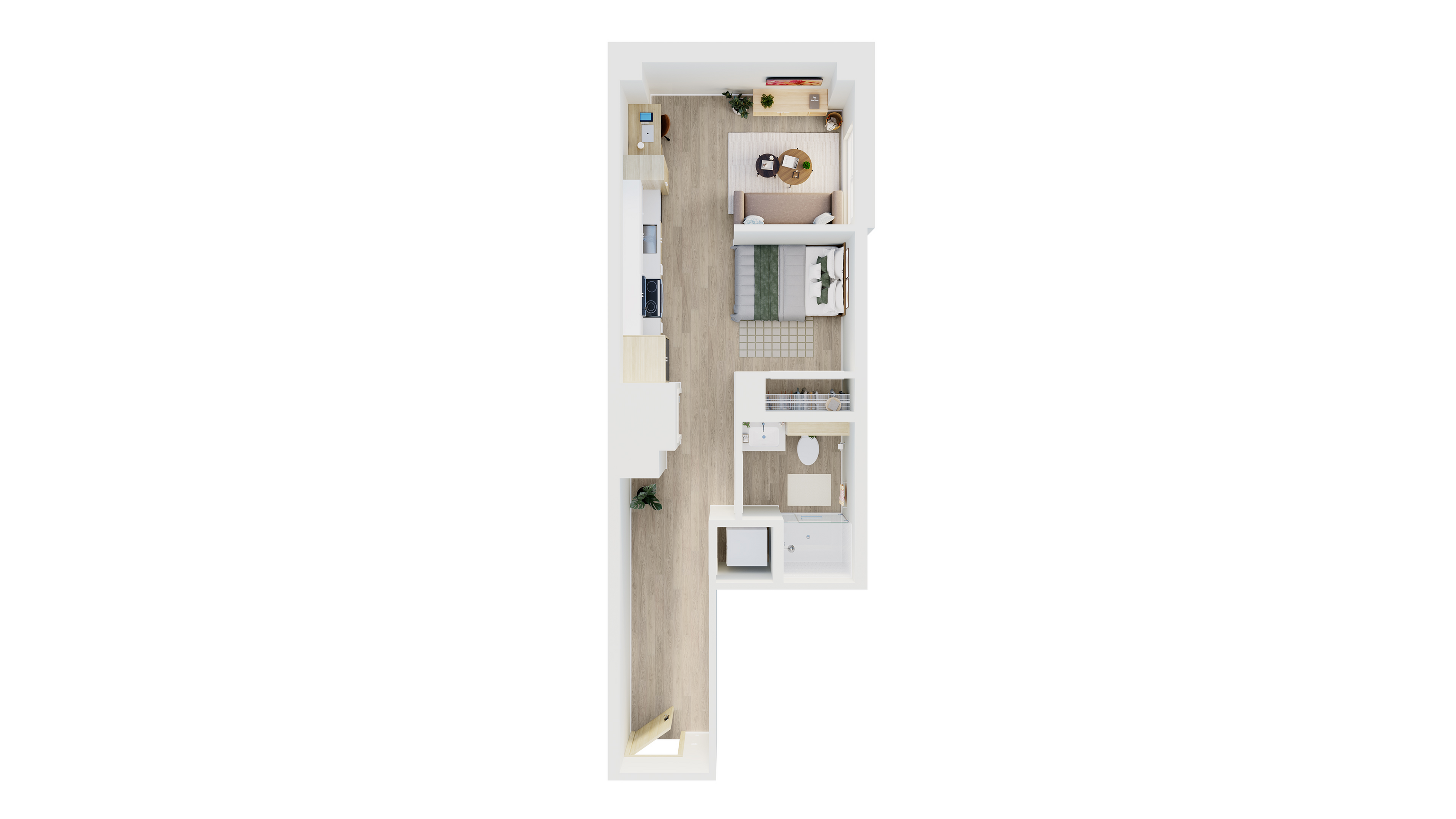 Modern 3D floor plan showcasing an inviting single-bedroom apartment with an open kitchen-living area and a sleek bathroom layout.