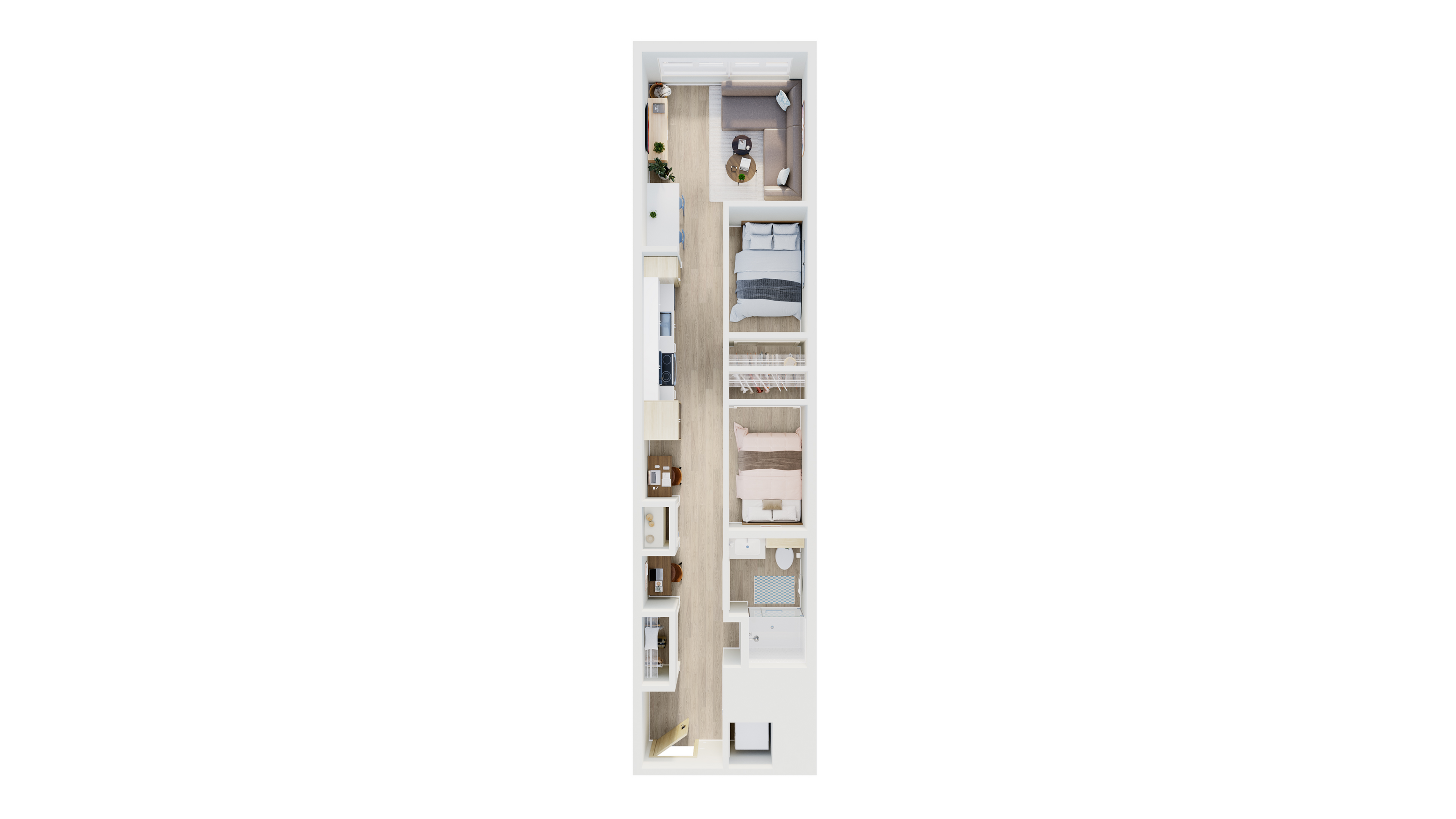 Chic and modern floor plan depicting a cozy layout with two bedrooms, a stylish open kitchen, and inviting living room space.