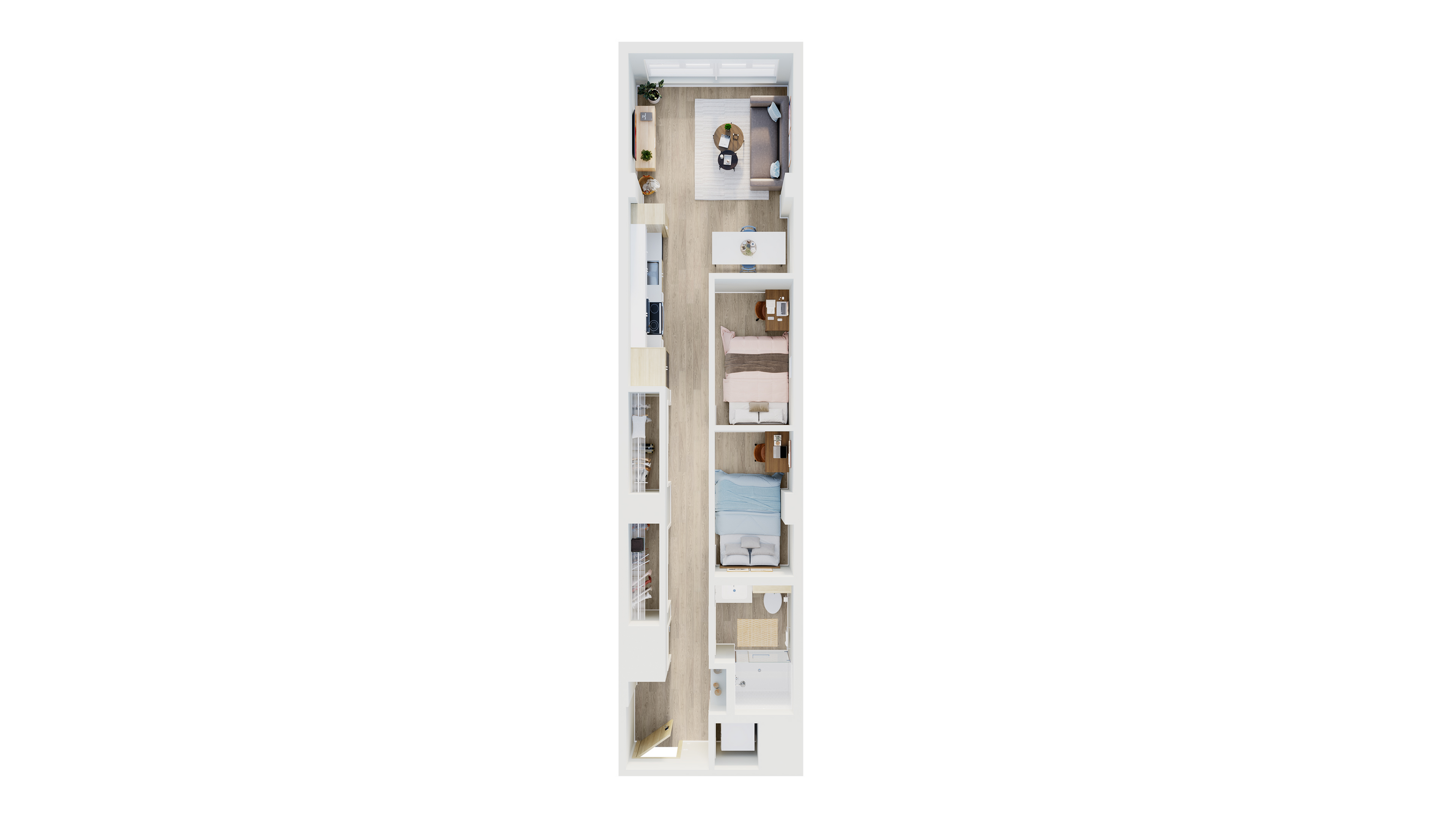 Chic 3D apartment floor plan showcasing a contemporary design with two cozy bedrooms, a modern bathroom, and an inviting open-plan living area and kitchen.