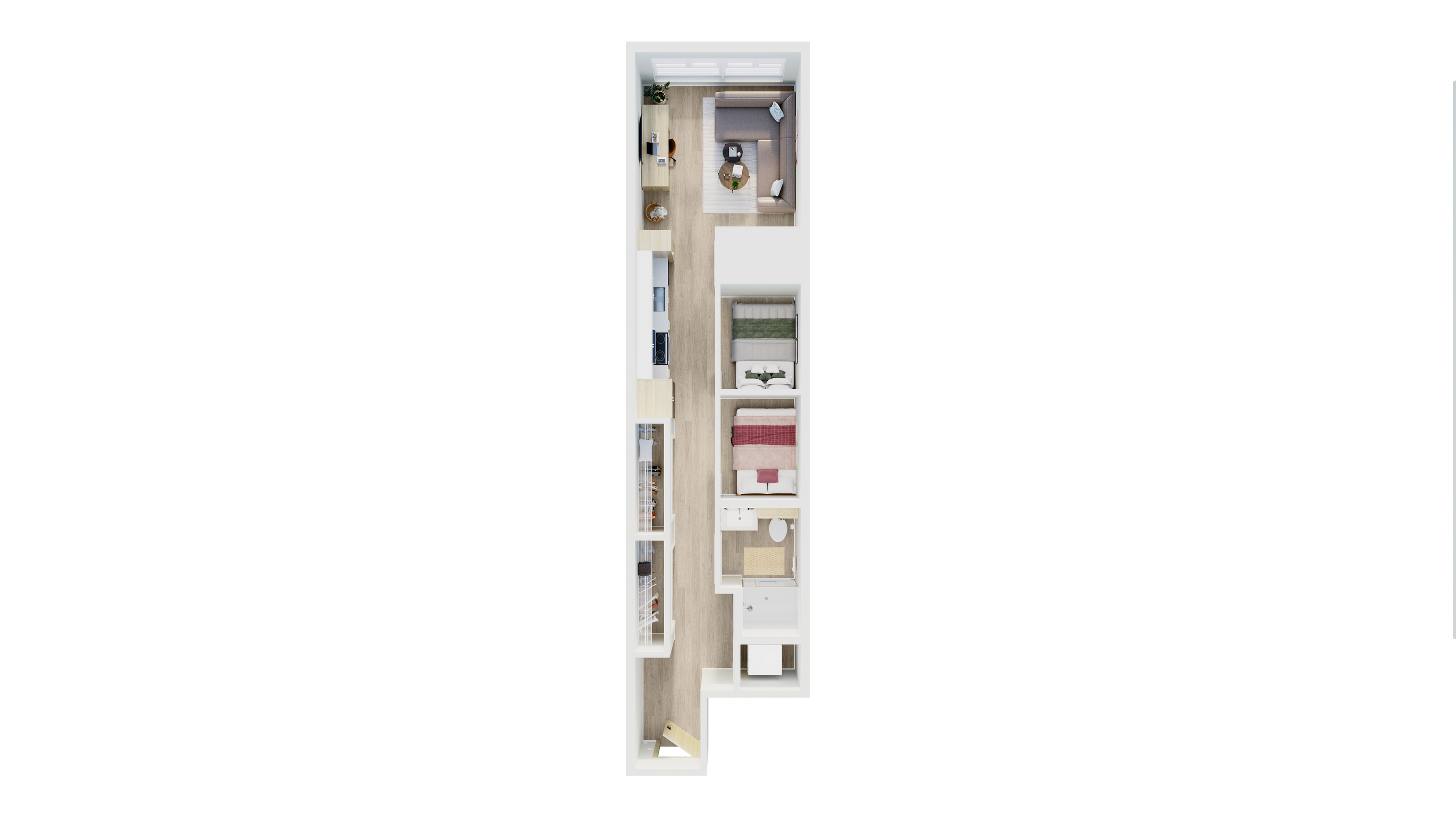 Modern apartment 3D floor plan showcasing 3 cozy bedrooms, a sleek kitchen, and an inviting living area, perfect for contemporary living.