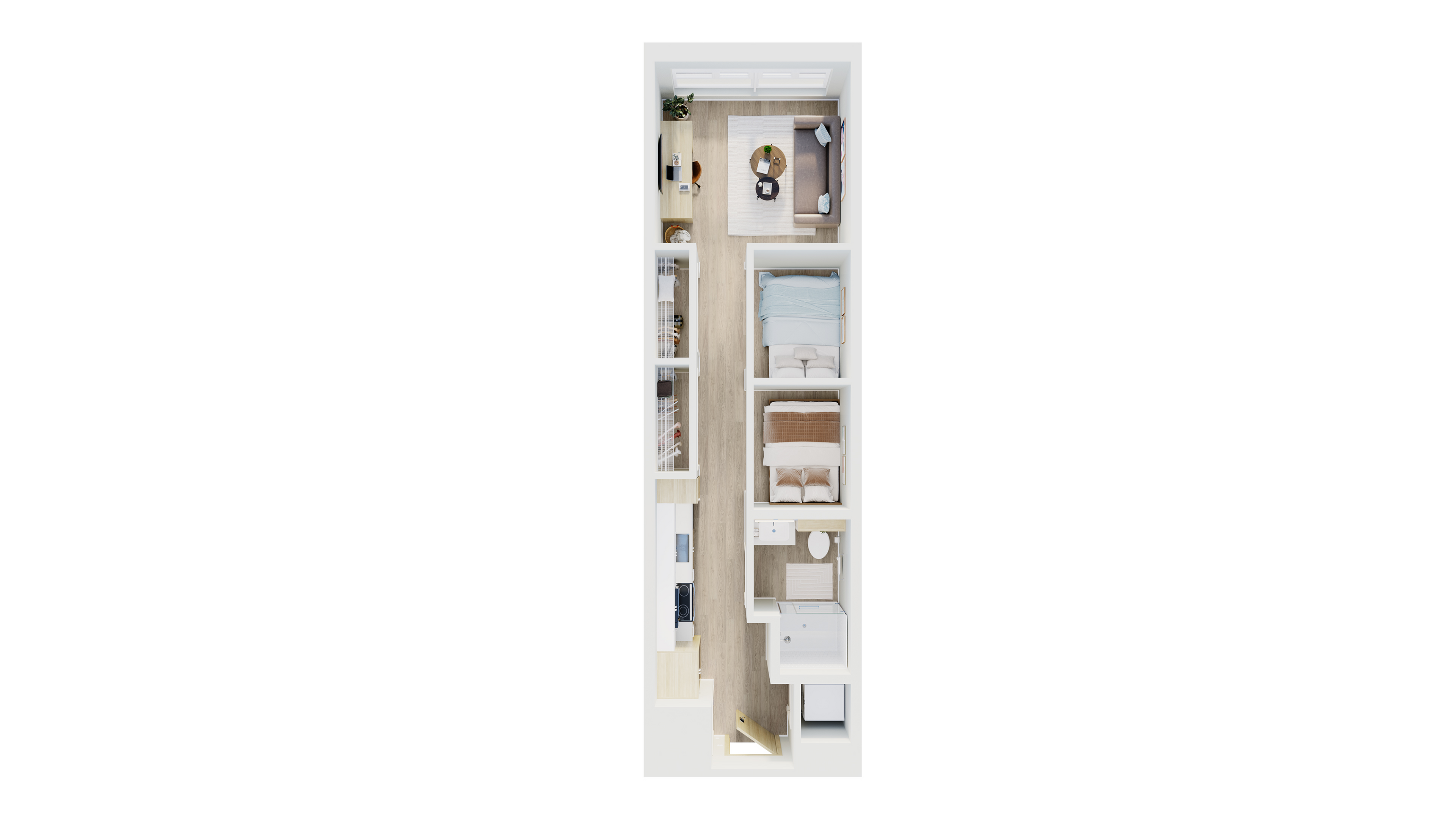Modern 3D apartment layout showcasing a living room, two cozy bedrooms, sleek kitchenette, and elegant bathroom design.