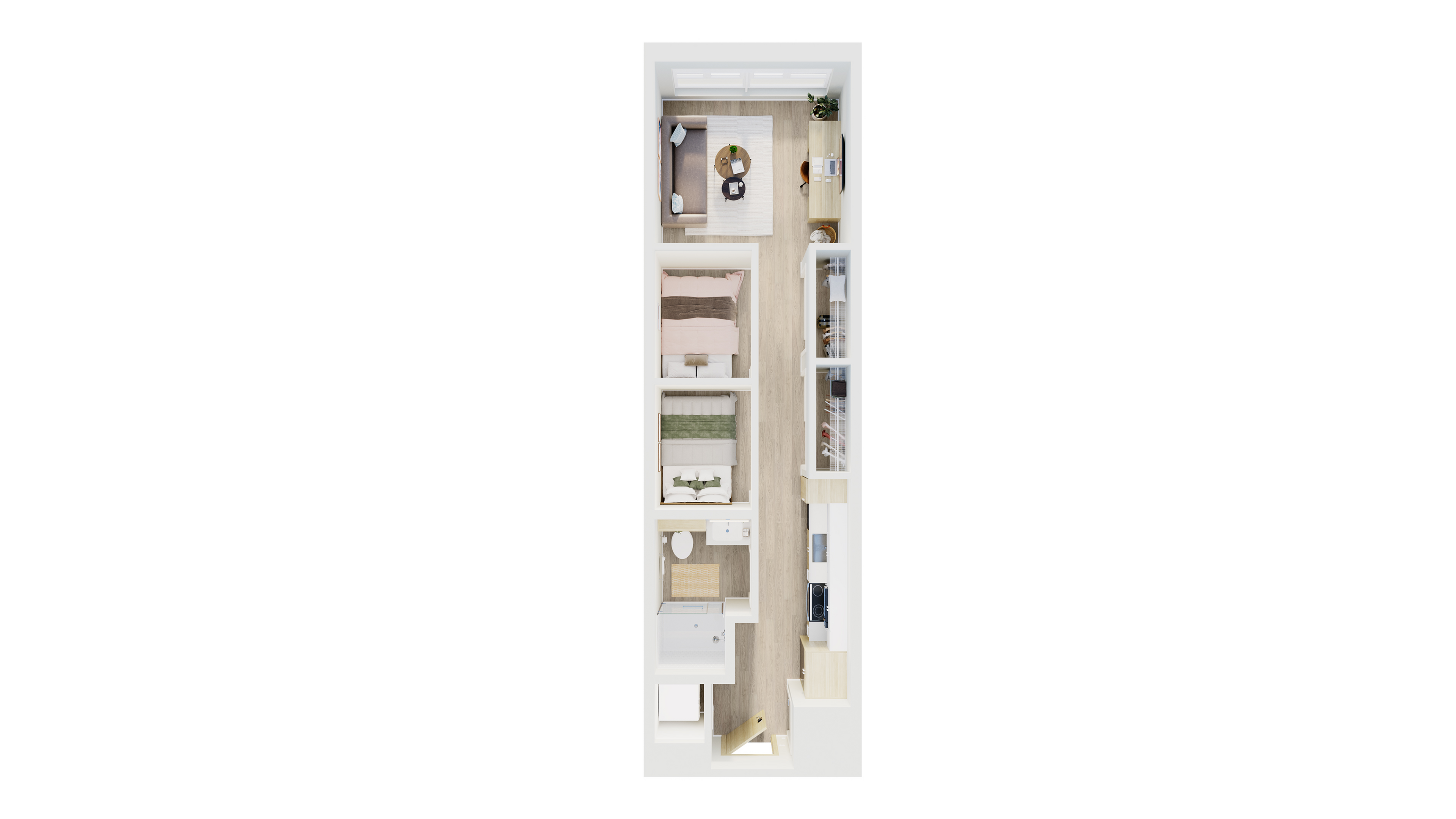 Chic and modern 2D floor plan showcasing 2 cozy bedrooms, a stylish open living area, and a compact kitchen layout.