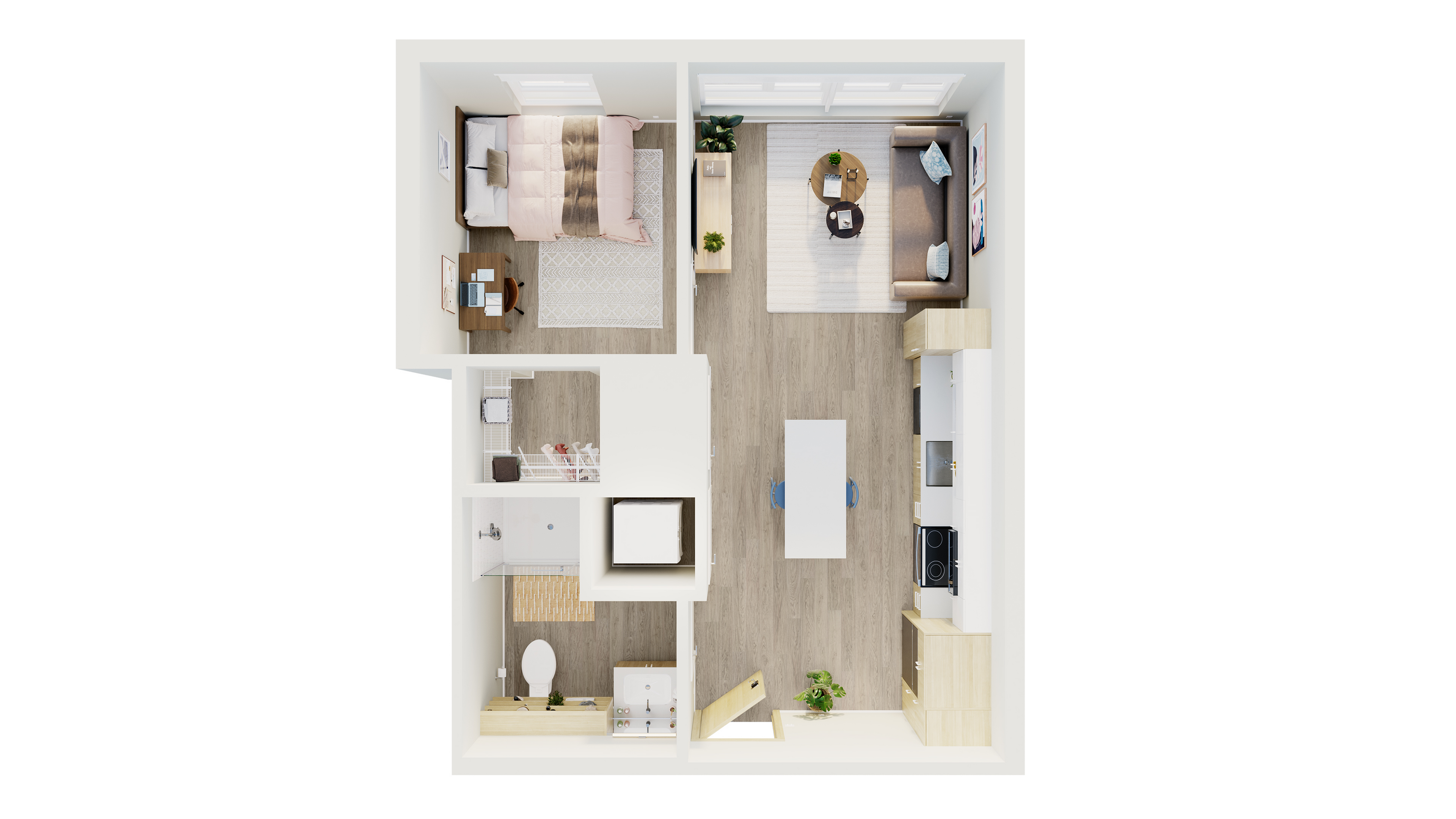 Modern 1-bedroom apartment floor plan featuring an inviting living room, sleek kitchen, cozy bedroom, and a stylish bathroom.