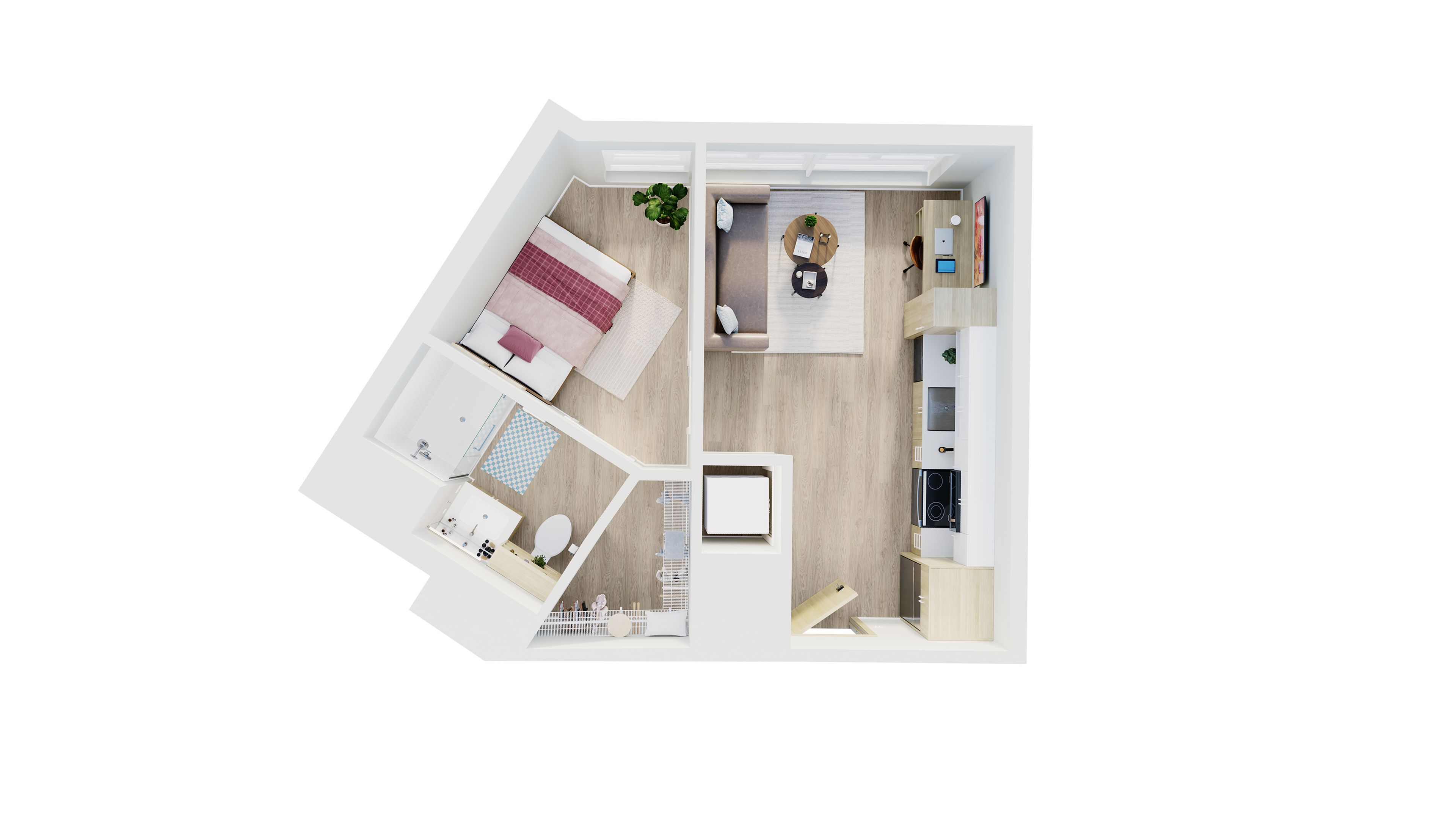 Modern 3D floor plan showcasing a cozy 1-bedroom apartment with an open living area, sleek kitchen, and stylish bathroom.