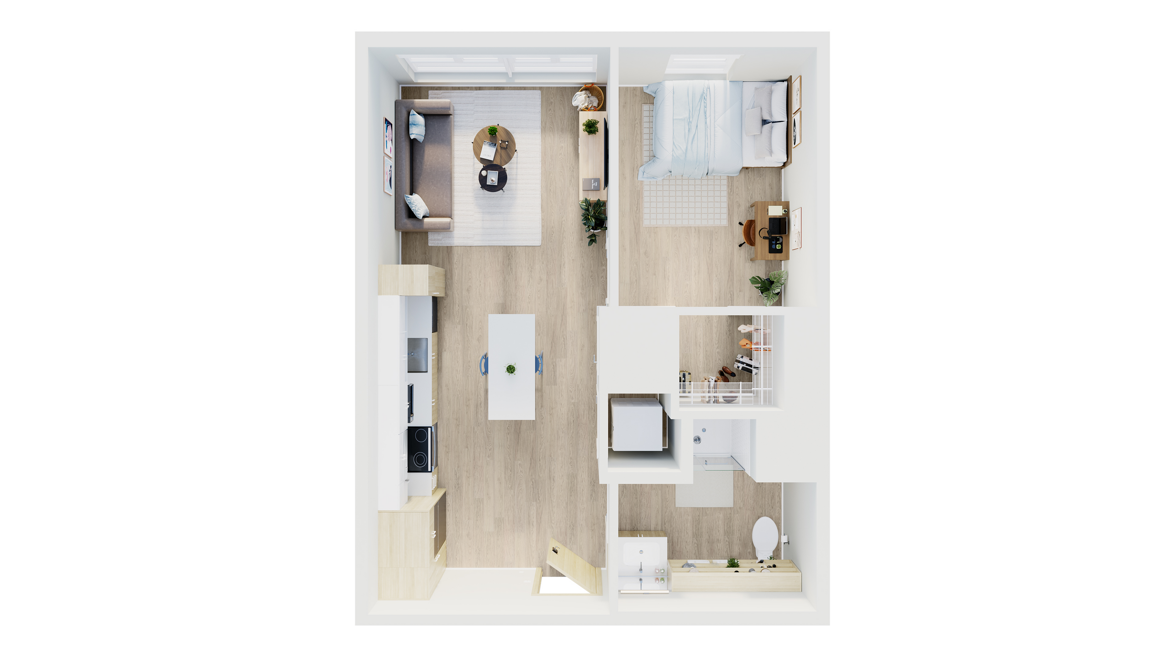 Modern 2D floor plan showcasing a cozy 1-bedroom apartment with an open-concept living area and sleek kitchen design, plus a stylish bathroom.